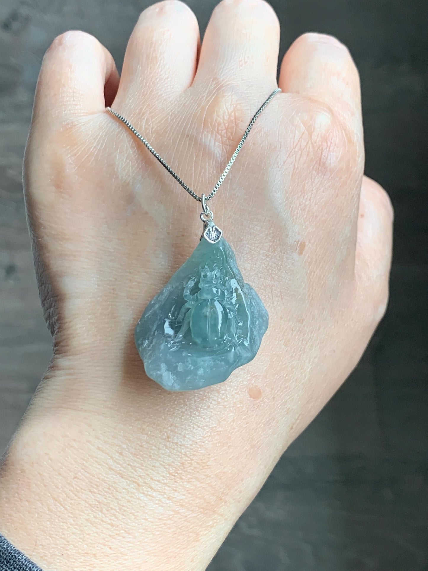 Natural Grade A Guatemalan Icy Translucent Dusty Blue Jade Jadeite with Rind Carved Beetle Pendant Sterling Silver 天然冰危蓝翡翠皮壳料甲壳虫吊坠 WPKB110