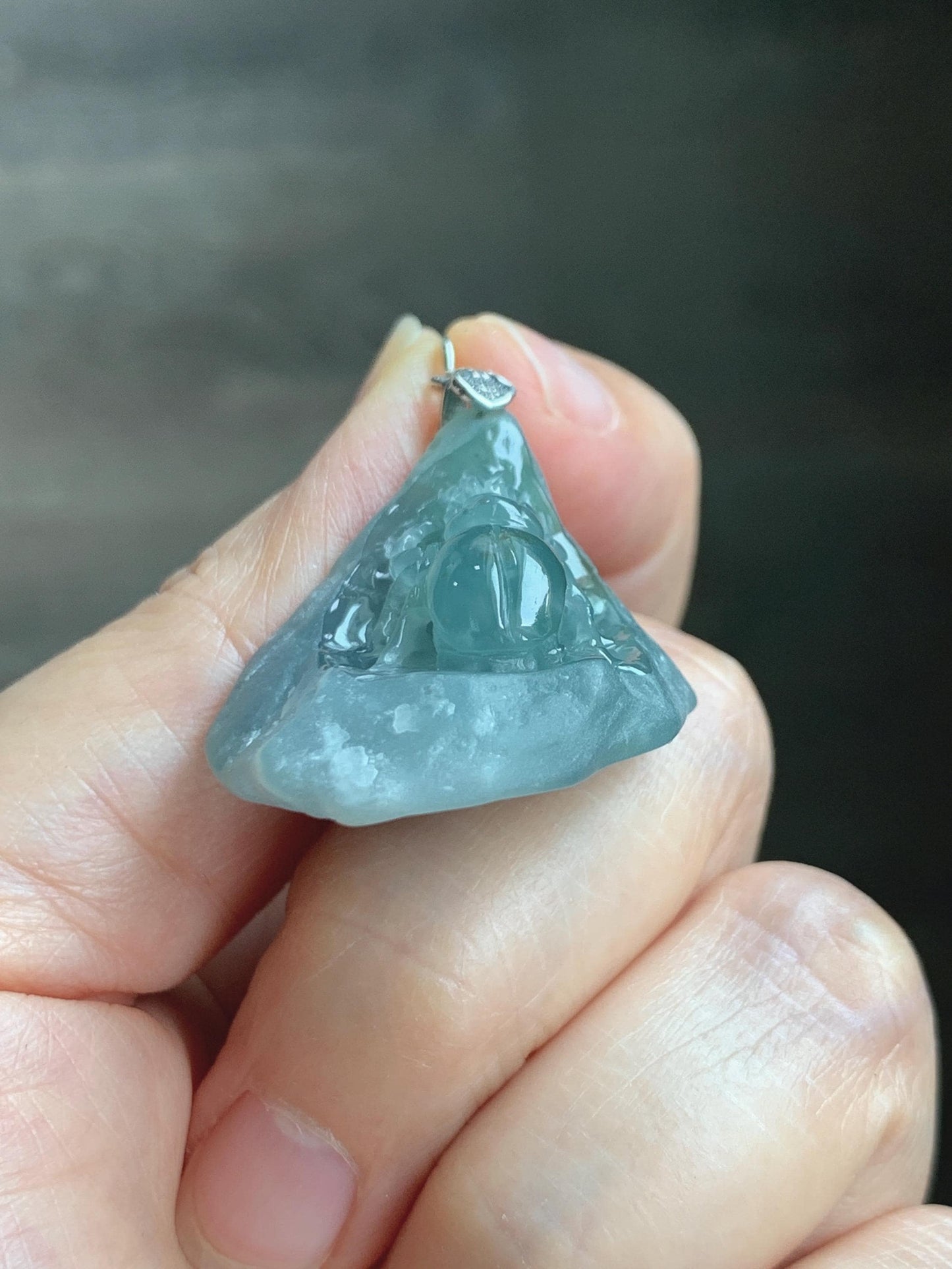 Natural Grade A Guatemalan Icy Translucent Dusty Blue Jade Jadeite with Rind Carved Beetle Pendant Sterling Silver 天然冰危蓝翡翠皮壳料甲壳虫吊坠 WPKB110