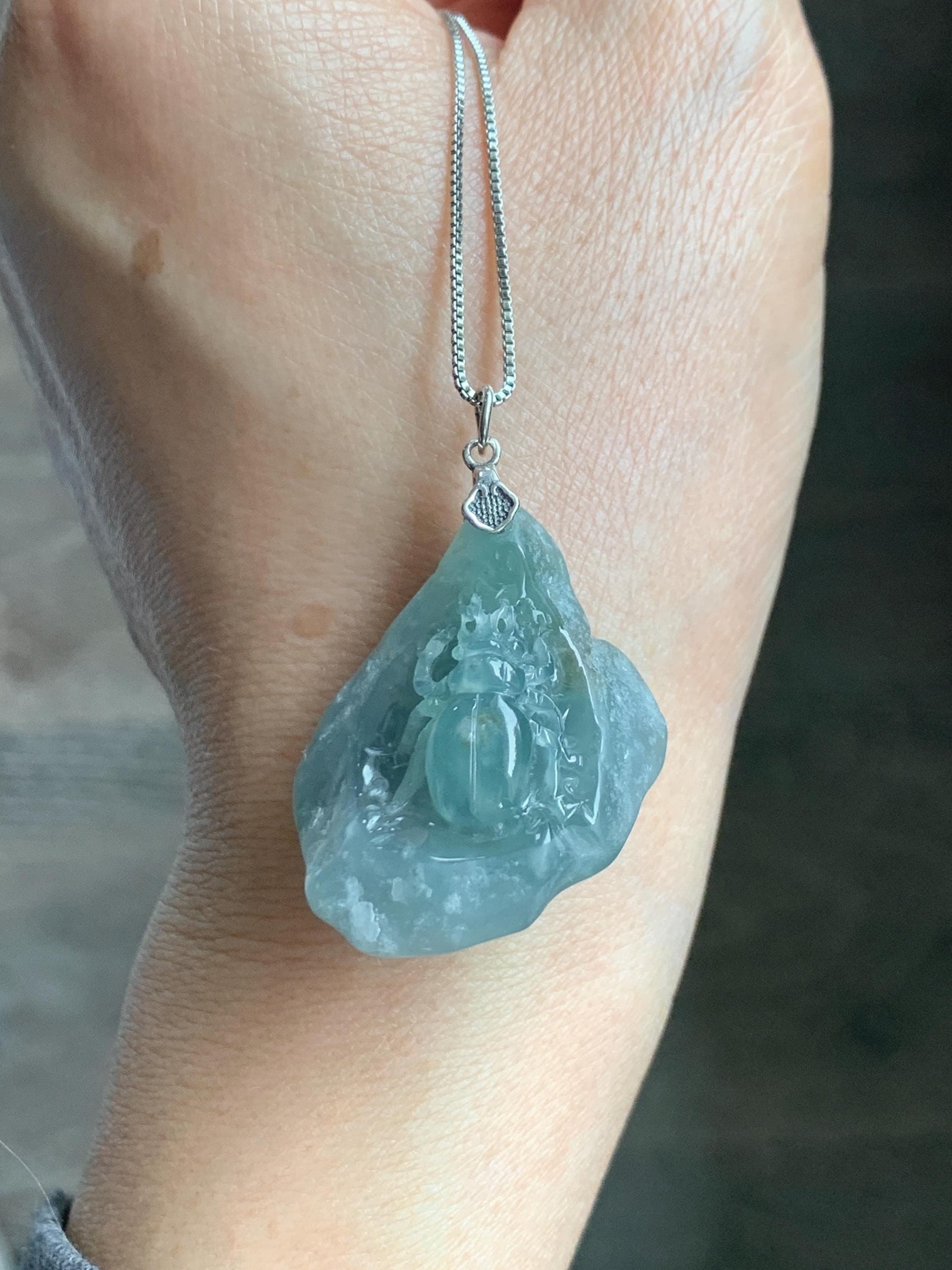 Natural Grade A Guatemalan Icy Translucent Dusty Blue Jade Jadeite with Rind Carved Beetle Pendant Sterling Silver 天然冰危蓝翡翠皮壳料甲壳虫吊坠 WPKB110