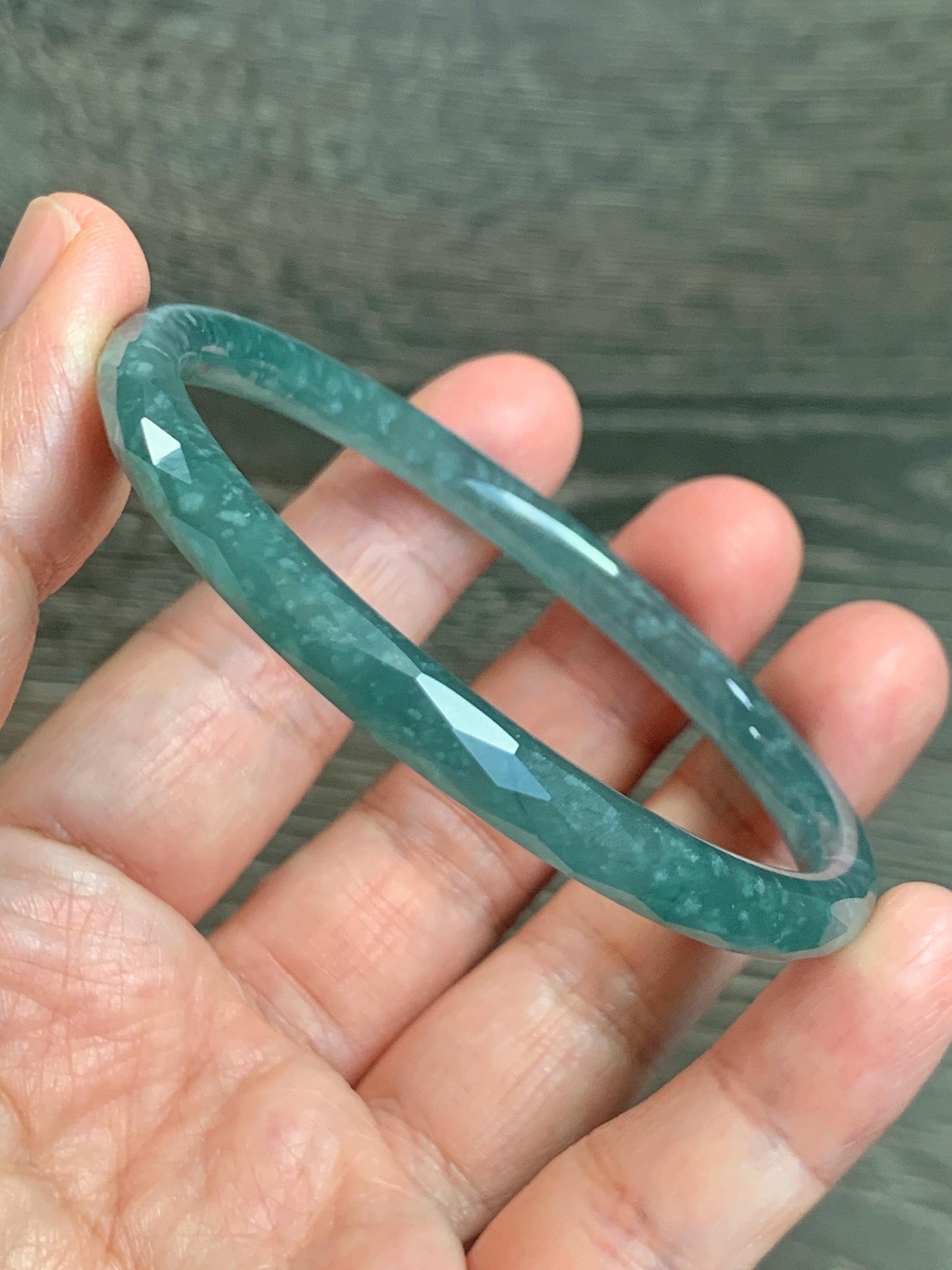 Certified Natural Grade A Guatemalan Icy Translucent Dusty Teal Jade Jadeite Diamond Faceted Bangle 58mm 7.18” 18.45g 天然冰危蓝绿翡翠细圆条切割面手镯 183