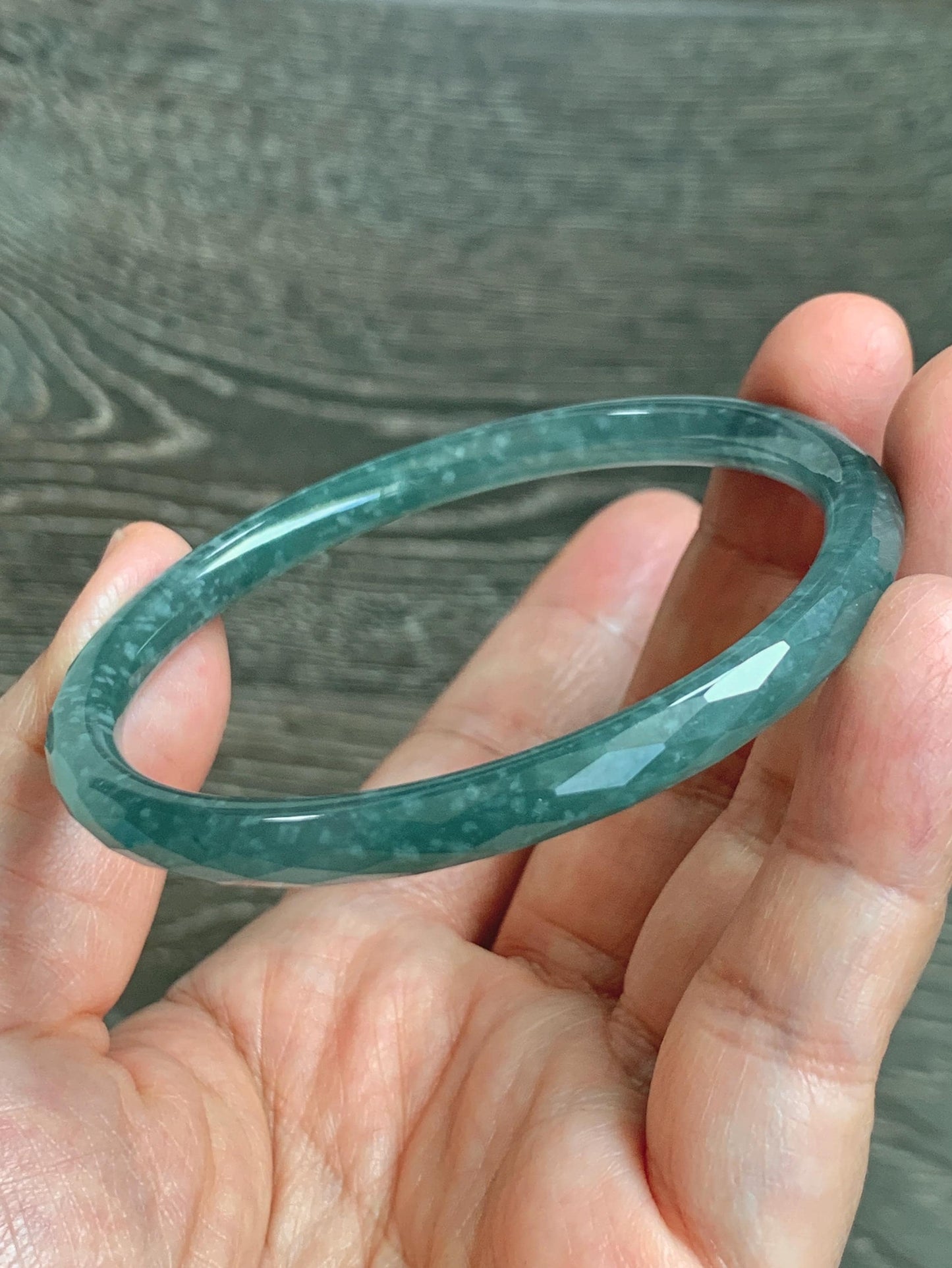 Certified Natural Grade A Guatemalan Icy Translucent Dusty Teal Jade Jadeite Diamond Faceted Bangle 58mm 7.18” 18.45g 天然冰危蓝绿翡翠细圆条切割面手镯 183