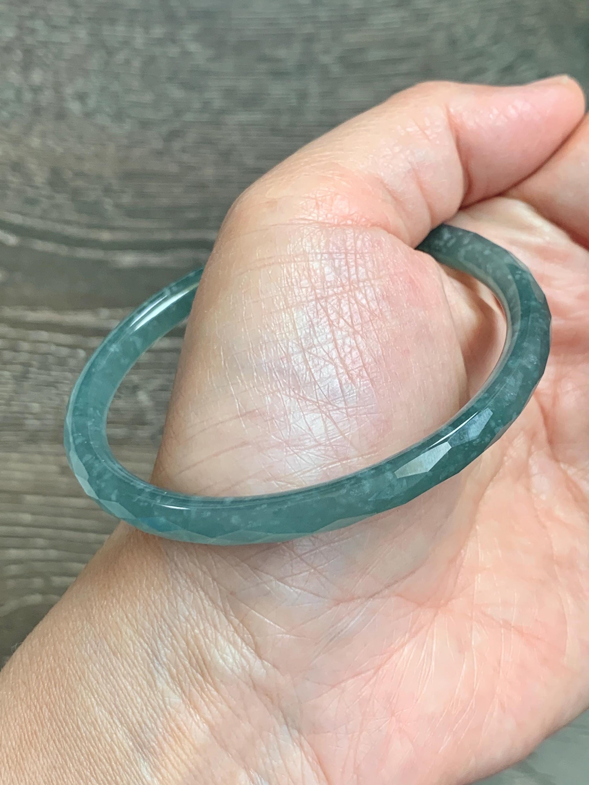 Certified Natural Grade A Guatemalan Icy Translucent Dusty Teal Jade Jadeite Diamond Faceted Bangle 58mm 7.18” 18.45g 天然冰危蓝绿翡翠细圆条切割面手镯 183