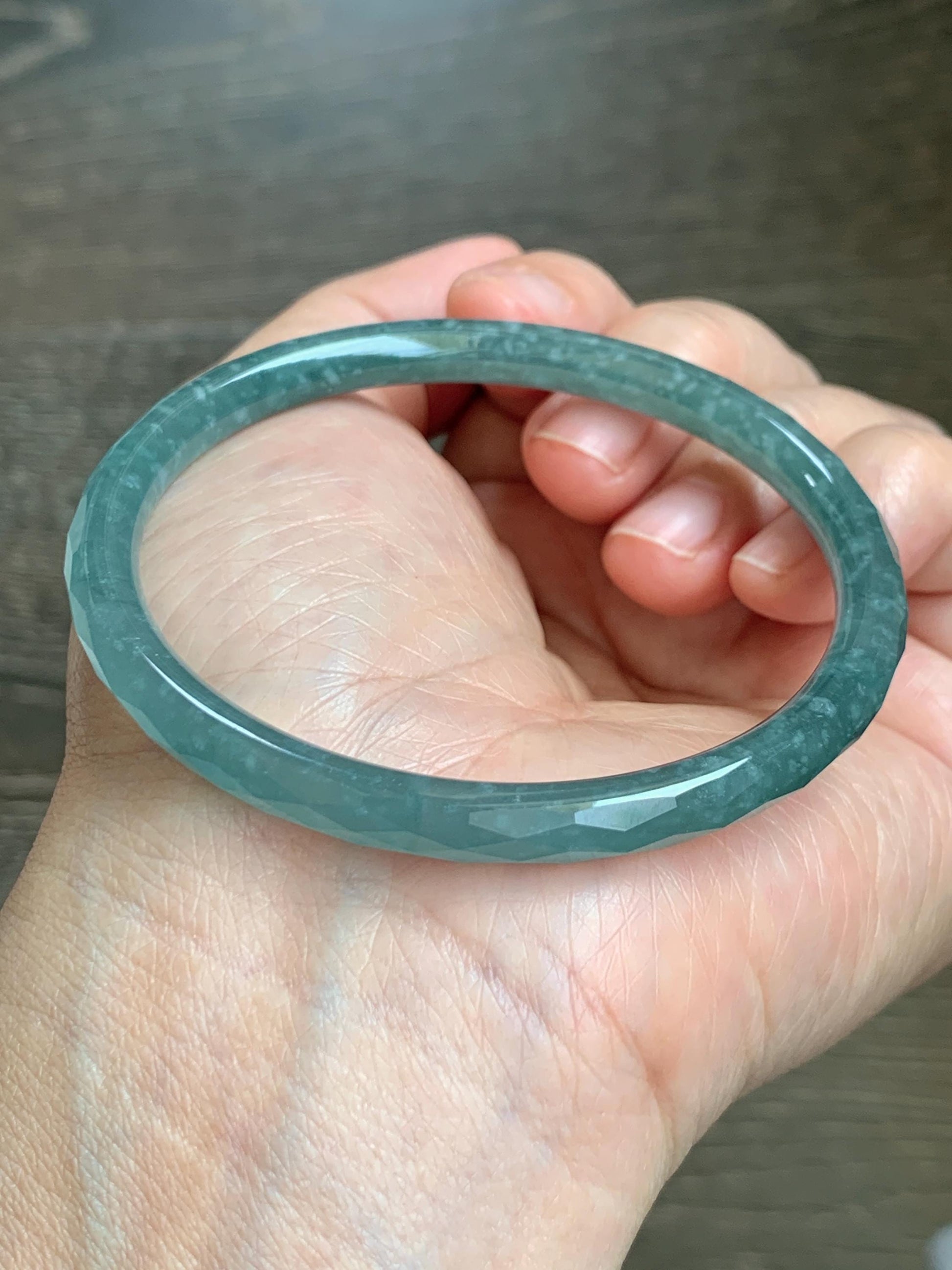 Certified Natural Grade A Guatemalan Icy Translucent Dusty Teal Jade Jadeite Diamond Faceted Bangle 58mm 7.18” 18.45g 天然冰危蓝绿翡翠细圆条切割面手镯 183