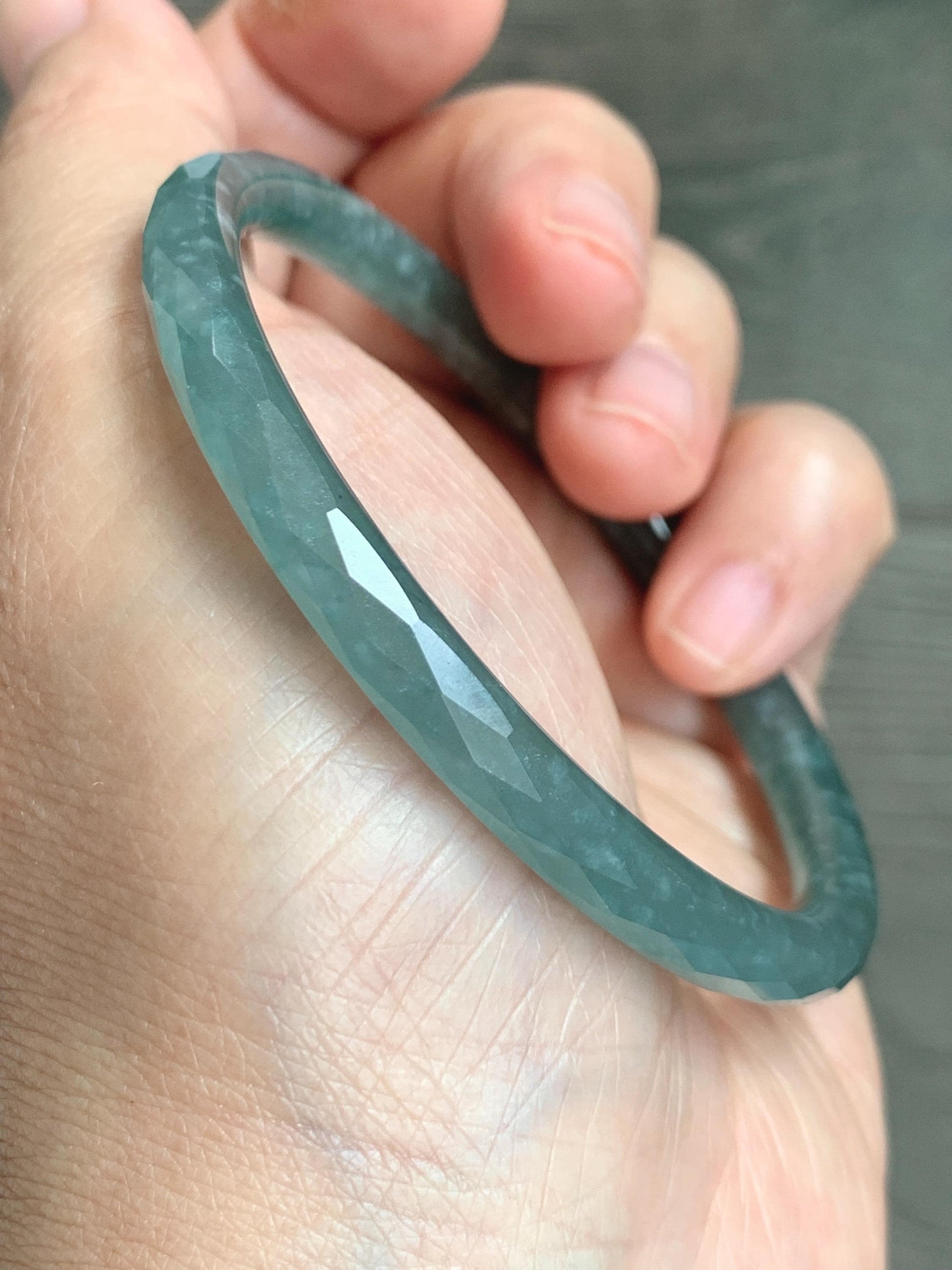 Certified Natural Grade A Guatemalan Icy Translucent Dusty Teal Jade Jadeite Diamond Faceted Bangle 58mm 7.18” 18.45g 天然冰危蓝绿翡翠细圆条切割面手镯 183