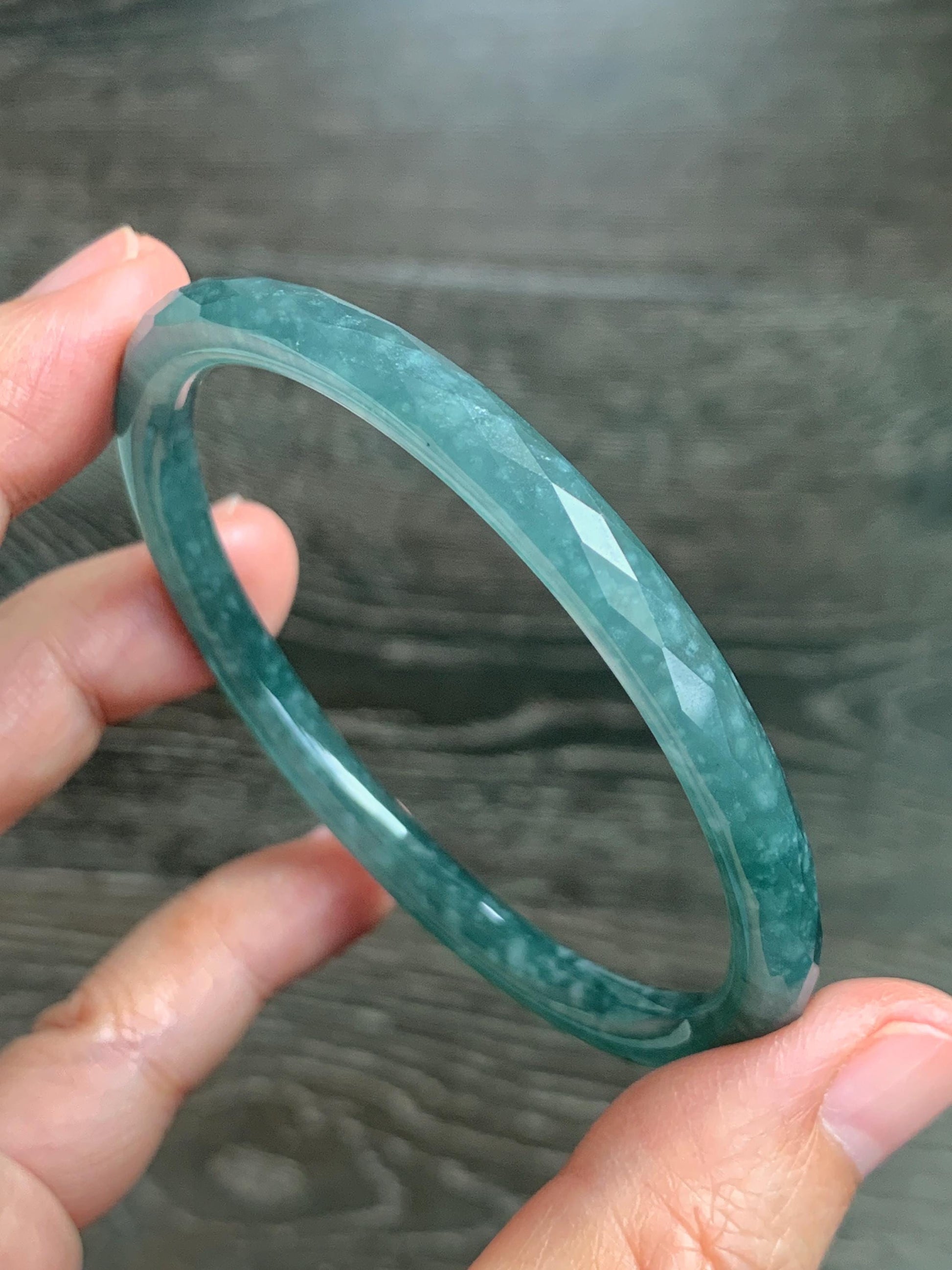 Certified Natural Grade A Guatemalan Icy Translucent Dusty Teal Jade Jadeite Diamond Faceted Bangle 58mm 7.18” 18.45g 天然冰危蓝绿翡翠细圆条切割面手镯 183