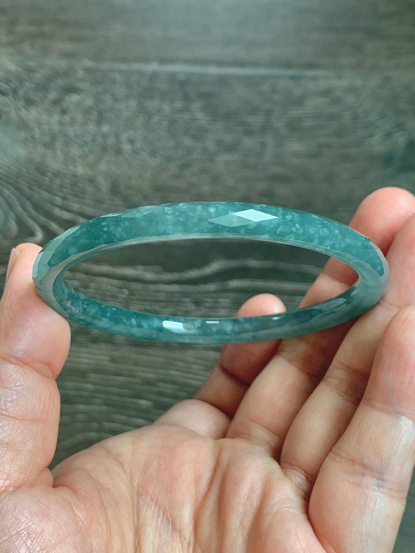 Certified Natural Grade A Guatemalan Icy Translucent Dusty Teal Jade Jadeite Diamond Faceted Bangle 58mm 7.18” 18.45g 天然冰危蓝绿翡翠细圆条切割面手镯 183