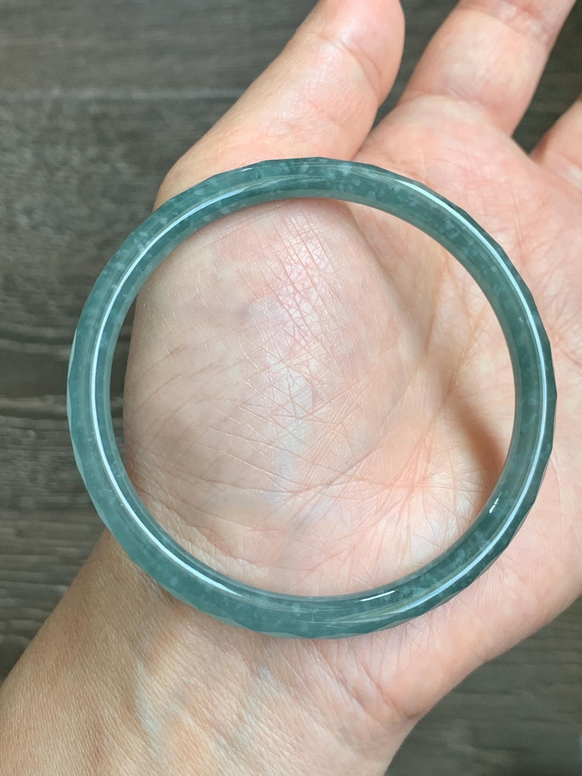 Certified Natural Grade A Guatemalan Icy Translucent Dusty Teal Jade Jadeite Diamond Faceted Bangle 58mm 7.18” 18.45g 天然冰危蓝绿翡翠细圆条切割面手镯 183