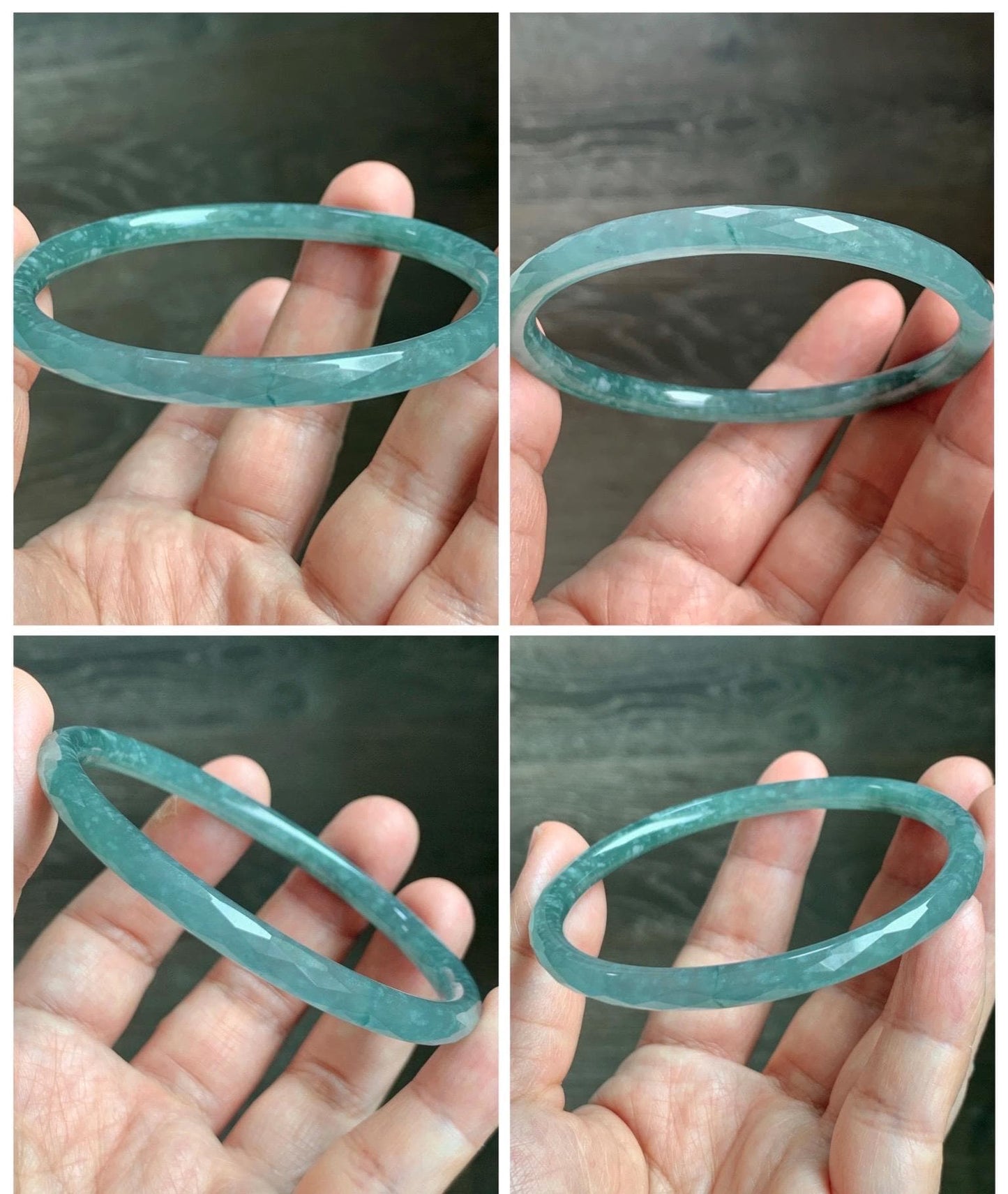 Certified Natural Grade A Guatemalan Icy Translucent Light Teal Jade Jadeite Diamond Faceted Bangle 61mm 7.54” 17.54g 天然冰危蓝绿翡翠细圆条切割面手镯 184