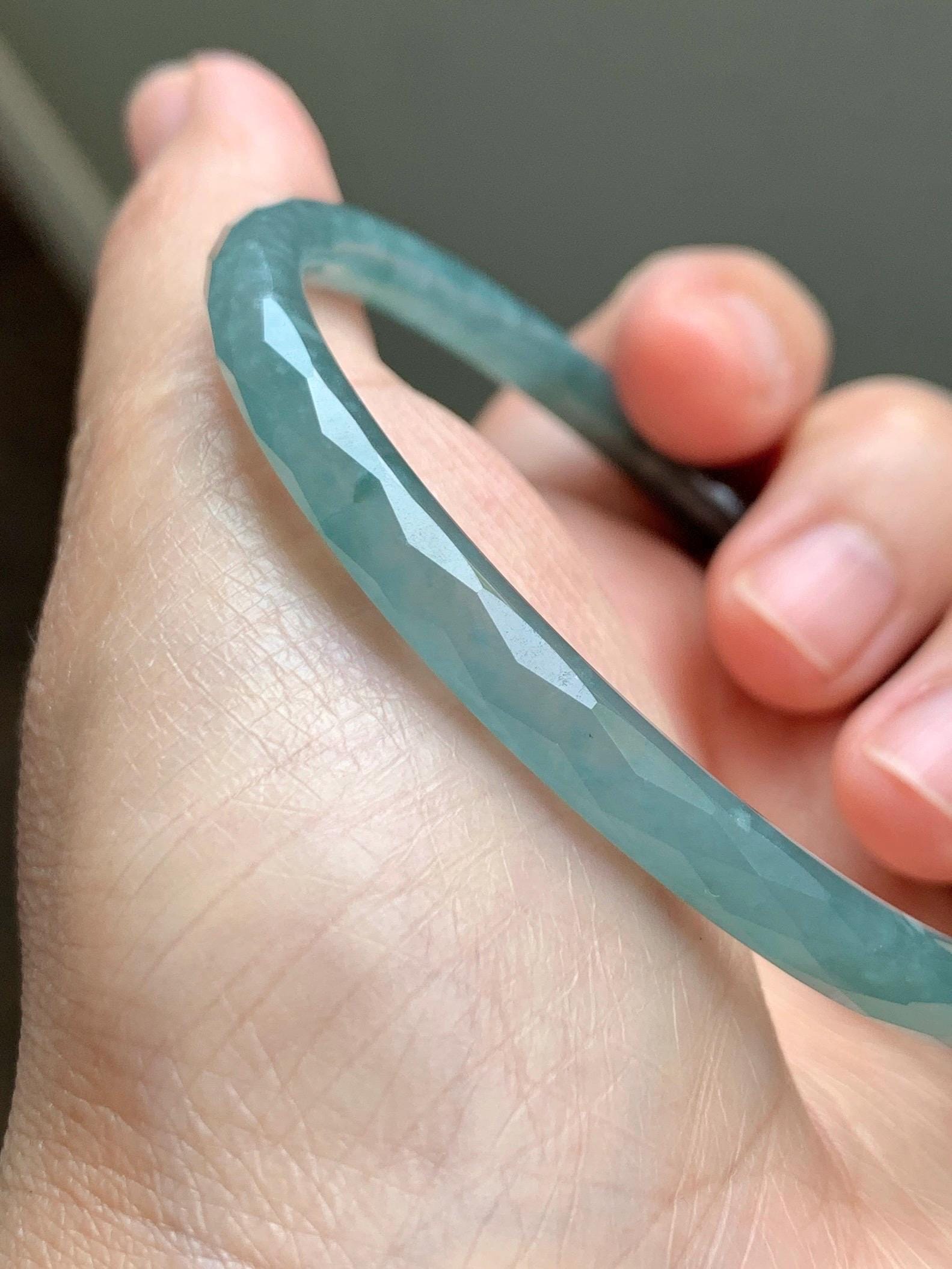 Certified Natural Grade A Guatemalan Icy Translucent Light Teal Jade Jadeite Diamond Faceted Bangle 61mm 7.54” 17.54g 天然冰危蓝绿翡翠细圆条切割面手镯 184