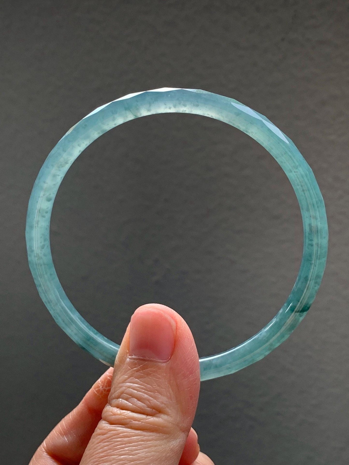 Certified Natural Grade A Guatemalan Icy Translucent Light Teal Jade Jadeite Diamond Faceted Bangle 61mm 7.54” 17.54g 天然冰危蓝绿翡翠细圆条切割面手镯 184