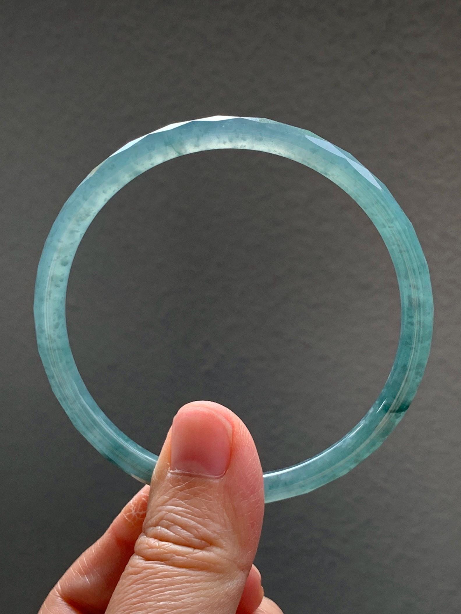 Certified Natural Grade A Guatemalan Icy Translucent Light Teal Jade Jadeite Diamond Faceted Bangle 61mm 7.54” 17.54g 天然冰危蓝绿翡翠细圆条切割面手镯 184