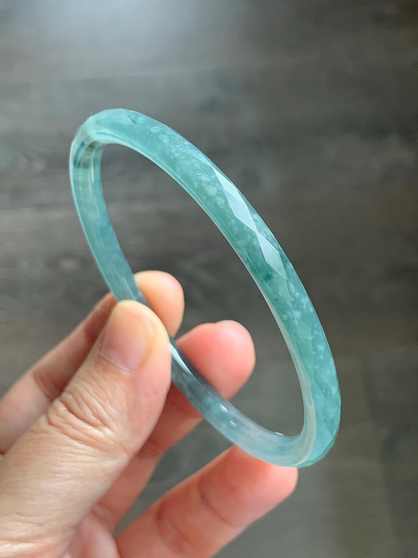 Certified Natural Grade A Guatemalan Icy Translucent Light Teal Jade Jadeite Diamond Faceted Bangle 61mm 7.54” 17.54g 天然冰危蓝绿翡翠细圆条切割面手镯 184