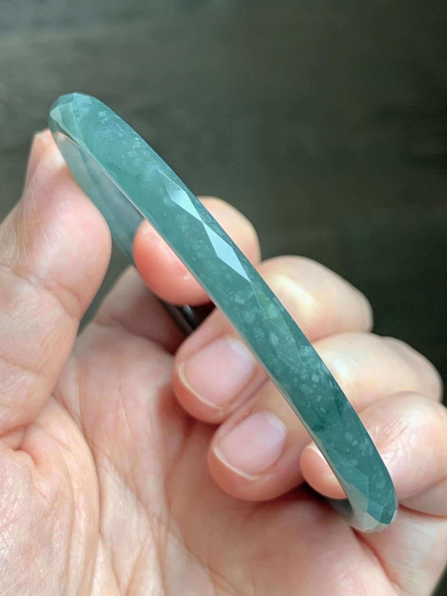 Certified Natural Grade A Guatemalan Icy Translucent Light Teal Jade Jadeite Diamond Faceted Bangle 61mm 7.54” 17.54g 天然冰危蓝绿翡翠细圆条切割面手镯 184