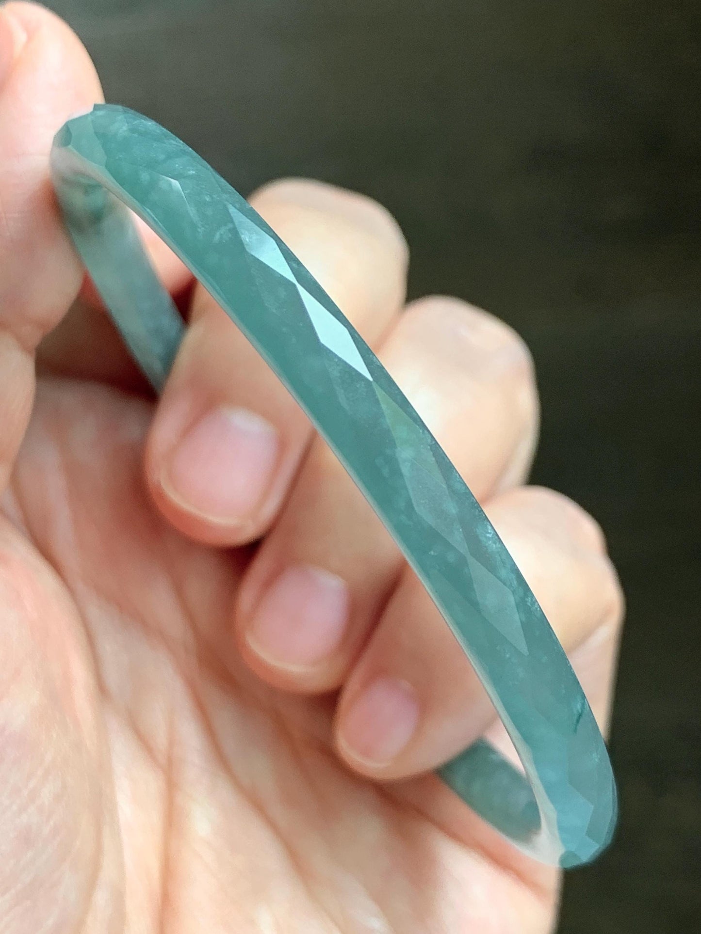 Certified Natural Grade A Guatemalan Icy Translucent Light Teal Jade Jadeite Diamond Faceted Bangle 61mm 7.54” 17.54g 天然冰危蓝绿翡翠细圆条切割面手镯 184