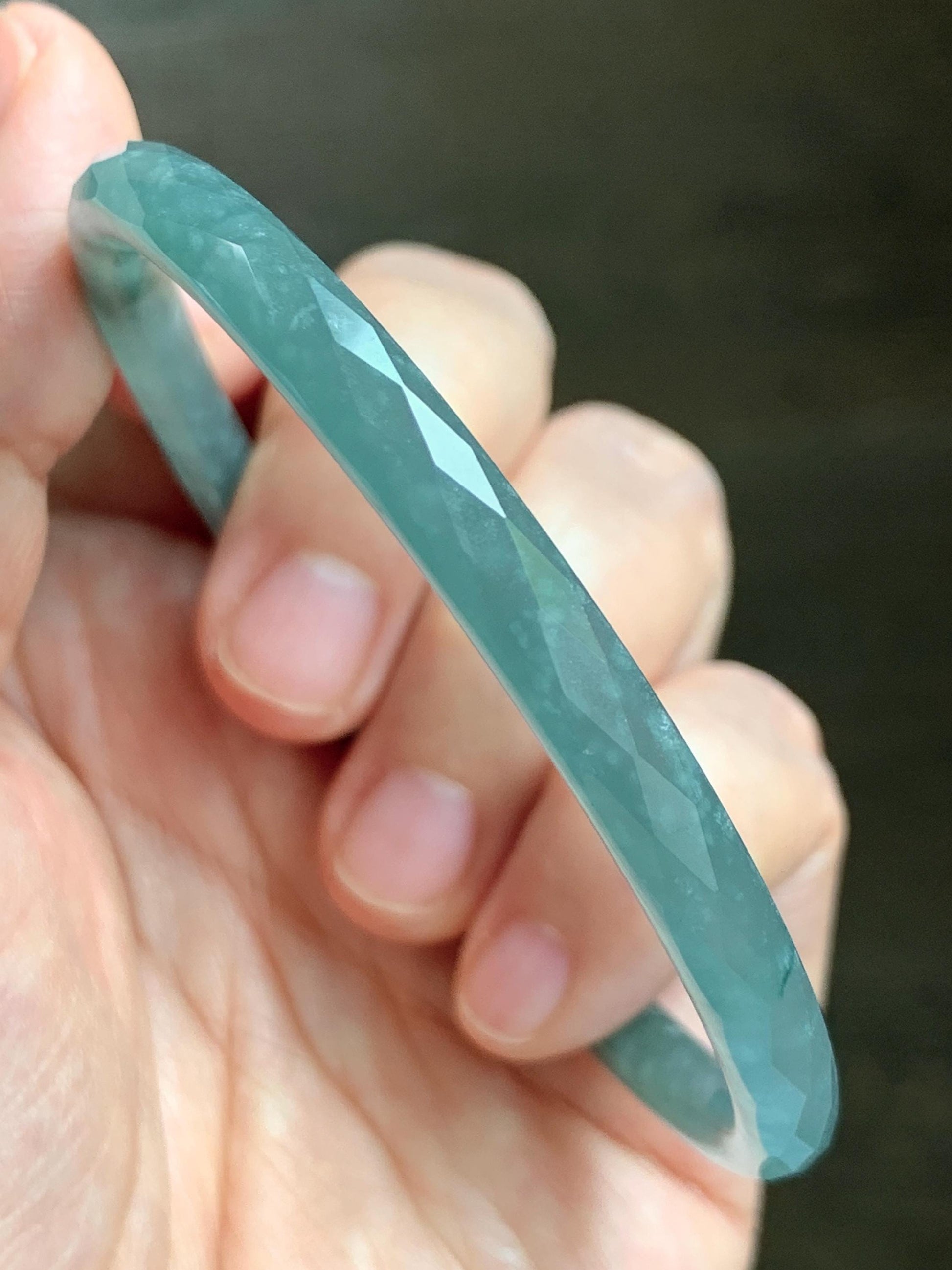Certified Natural Grade A Guatemalan Icy Translucent Light Teal Jade Jadeite Diamond Faceted Bangle 61mm 7.54” 17.54g 天然冰危蓝绿翡翠细圆条切割面手镯 184