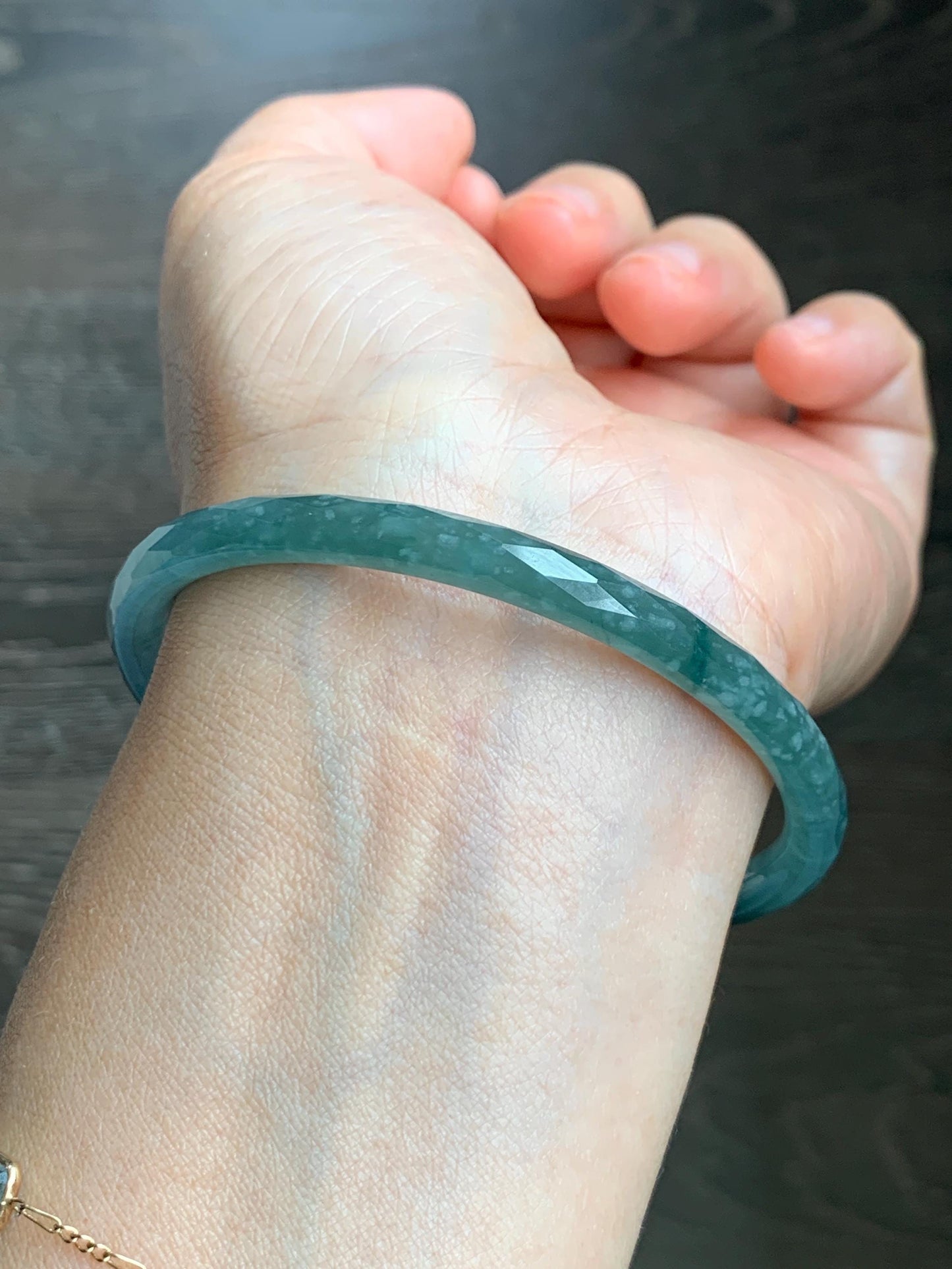 Certified Natural Grade A Guatemalan Icy Translucent Light Teal Jade Jadeite Diamond Faceted Bangle 61mm 7.54” 17.54g 天然冰危蓝绿翡翠细圆条切割面手镯 184