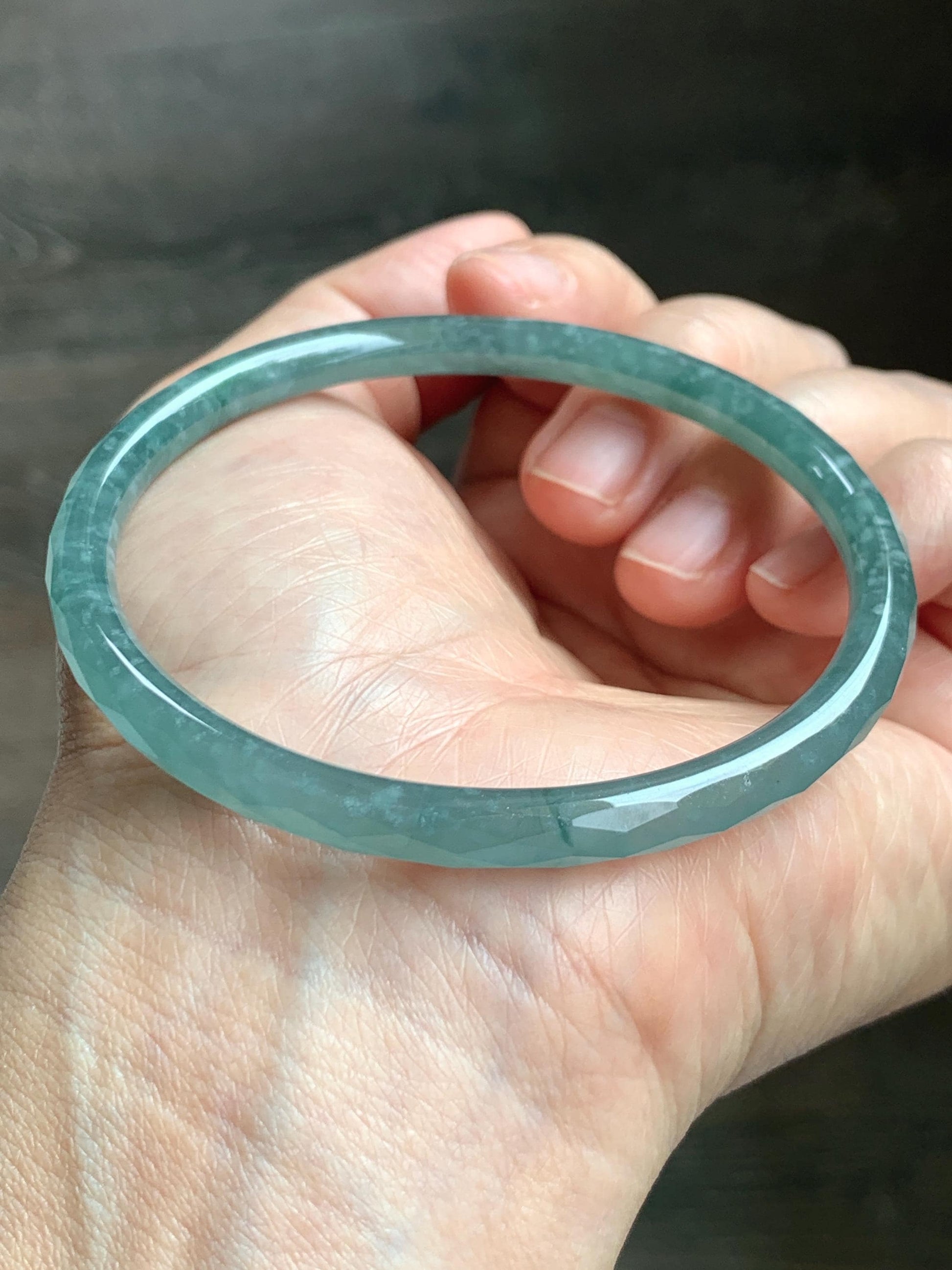 Certified Natural Grade A Guatemalan Icy Translucent Light Teal Jade Jadeite Diamond Faceted Bangle 61mm 7.54” 17.54g 天然冰危蓝绿翡翠细圆条切割面手镯 184