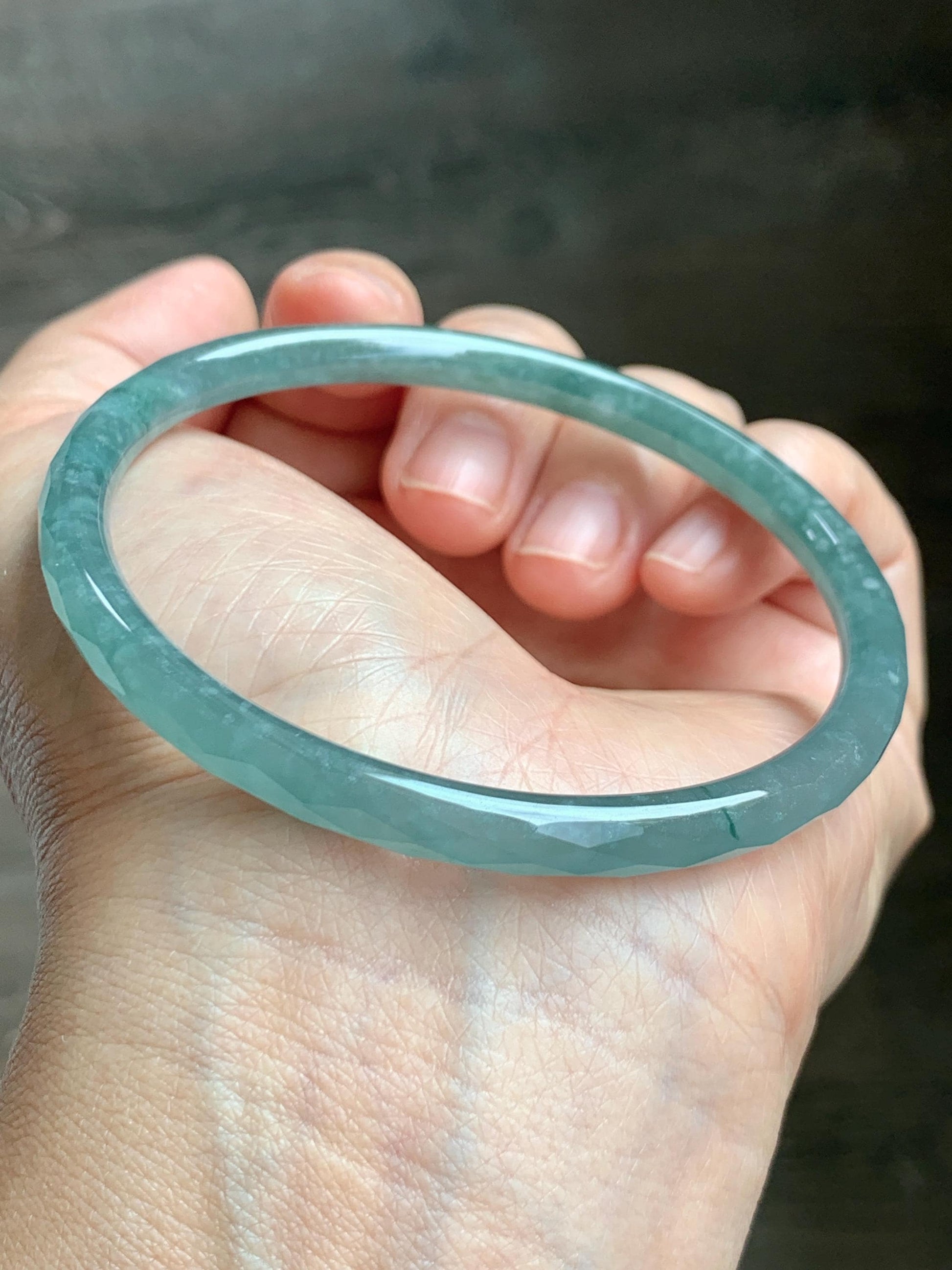 Certified Natural Grade A Guatemalan Icy Translucent Light Teal Jade Jadeite Diamond Faceted Bangle 61mm 7.54” 17.54g 天然冰危蓝绿翡翠细圆条切割面手镯 184
