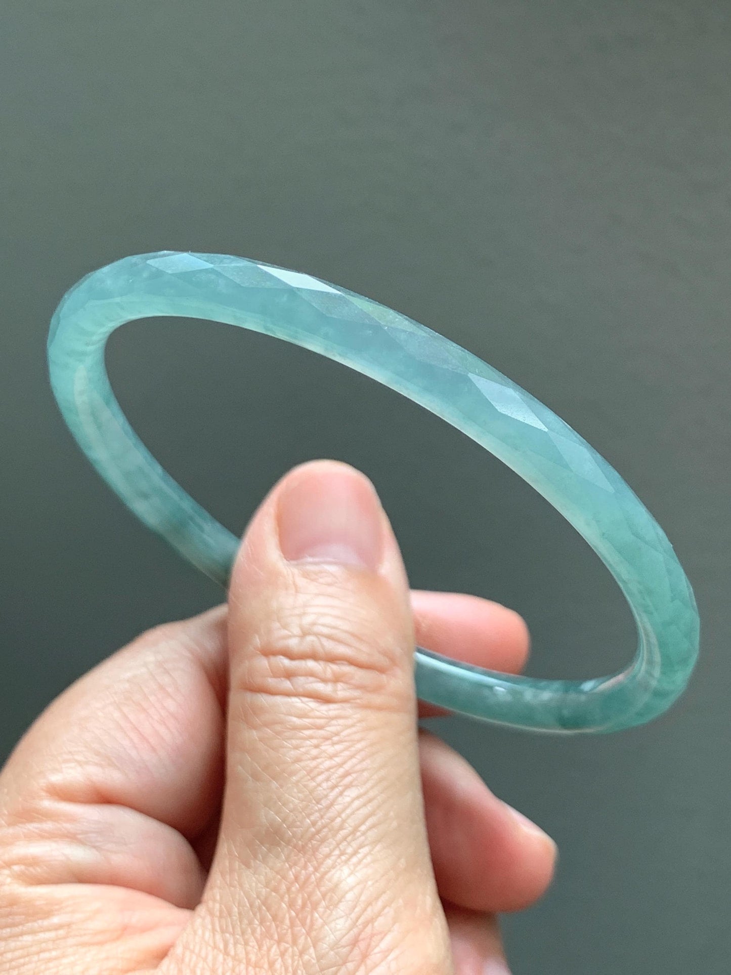 Certified Natural Grade A Guatemalan Icy Translucent Light Teal Jade Jadeite Diamond Faceted Bangle 61mm 7.54” 17.54g 天然冰危蓝绿翡翠细圆条切割面手镯 184