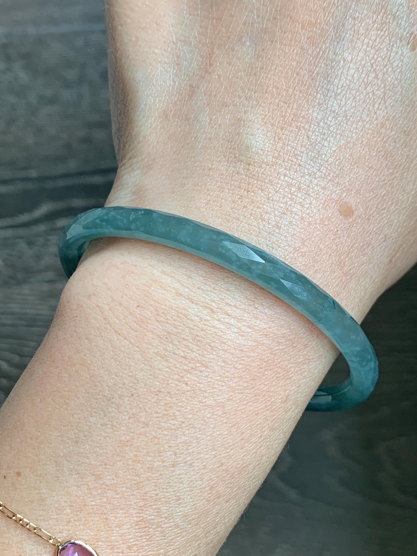 Certified Natural Grade A Guatemalan Icy Translucent Light Teal Jade Jadeite Diamond Faceted Bangle 61mm 7.54” 17.54g 天然冰危蓝绿翡翠细圆条切割面手镯 184
