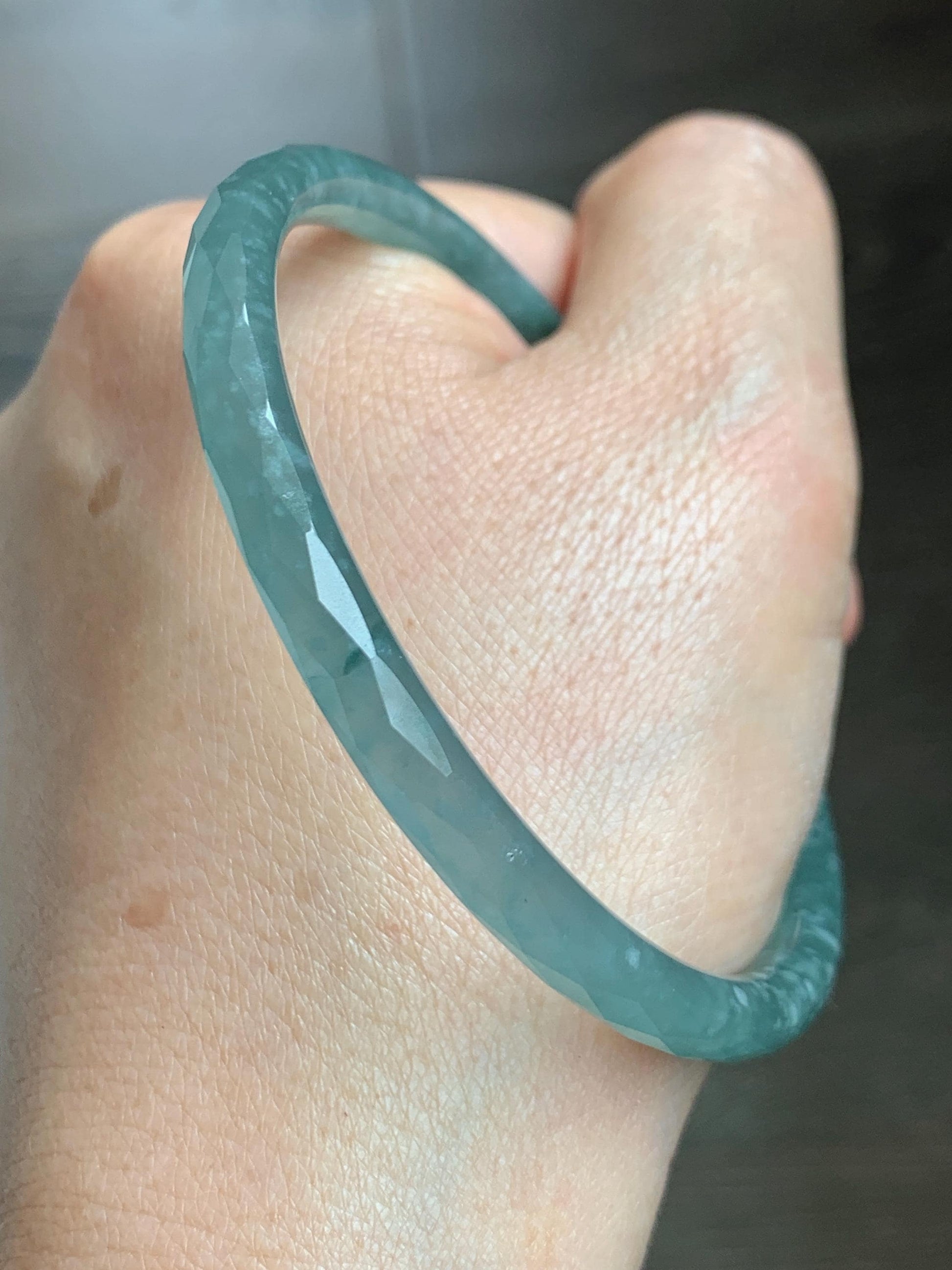 Certified Natural Grade A Guatemalan Icy Translucent Light Teal Jade Jadeite Diamond Faceted Bangle 61mm 7.54” 17.54g 天然冰危蓝绿翡翠细圆条切割面手镯 184