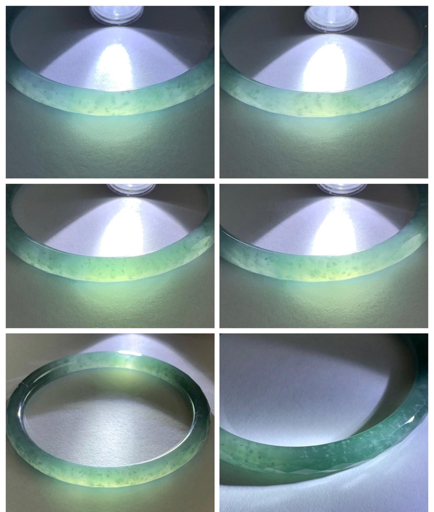 Certified Natural Grade A Guatemalan Icy Translucent Light Teal Jade Jadeite Diamond Faceted Bangle 55mm 6.8” 18g 天然冰危蓝绿翡翠细圆条切割面手镯 186