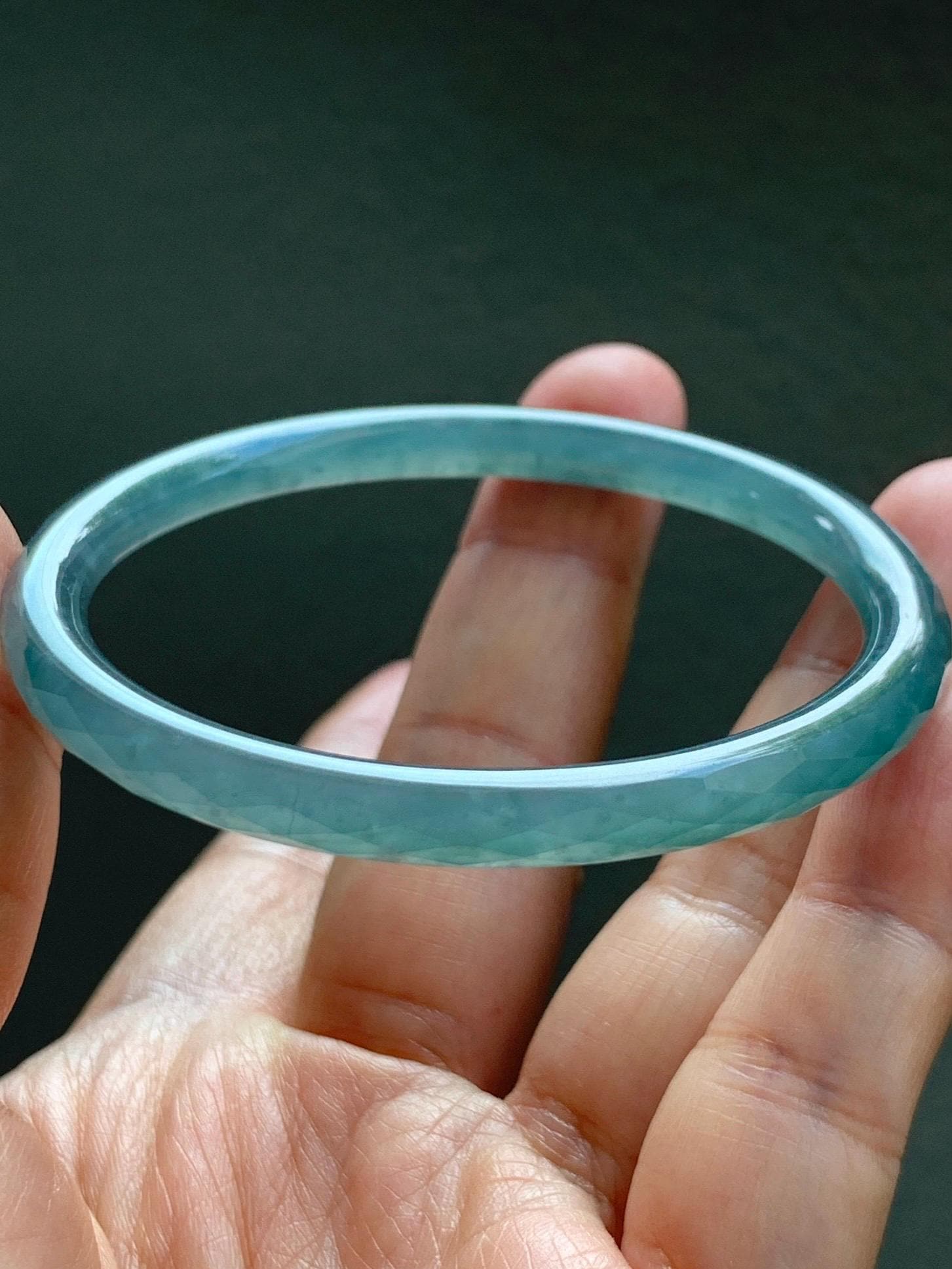 Certified Natural Grade A Guatemalan Icy Translucent Light Teal Jade Jadeite Diamond Faceted Bangle 55mm 6.8” 18g 天然冰危蓝绿翡翠细圆条切割面手镯 186