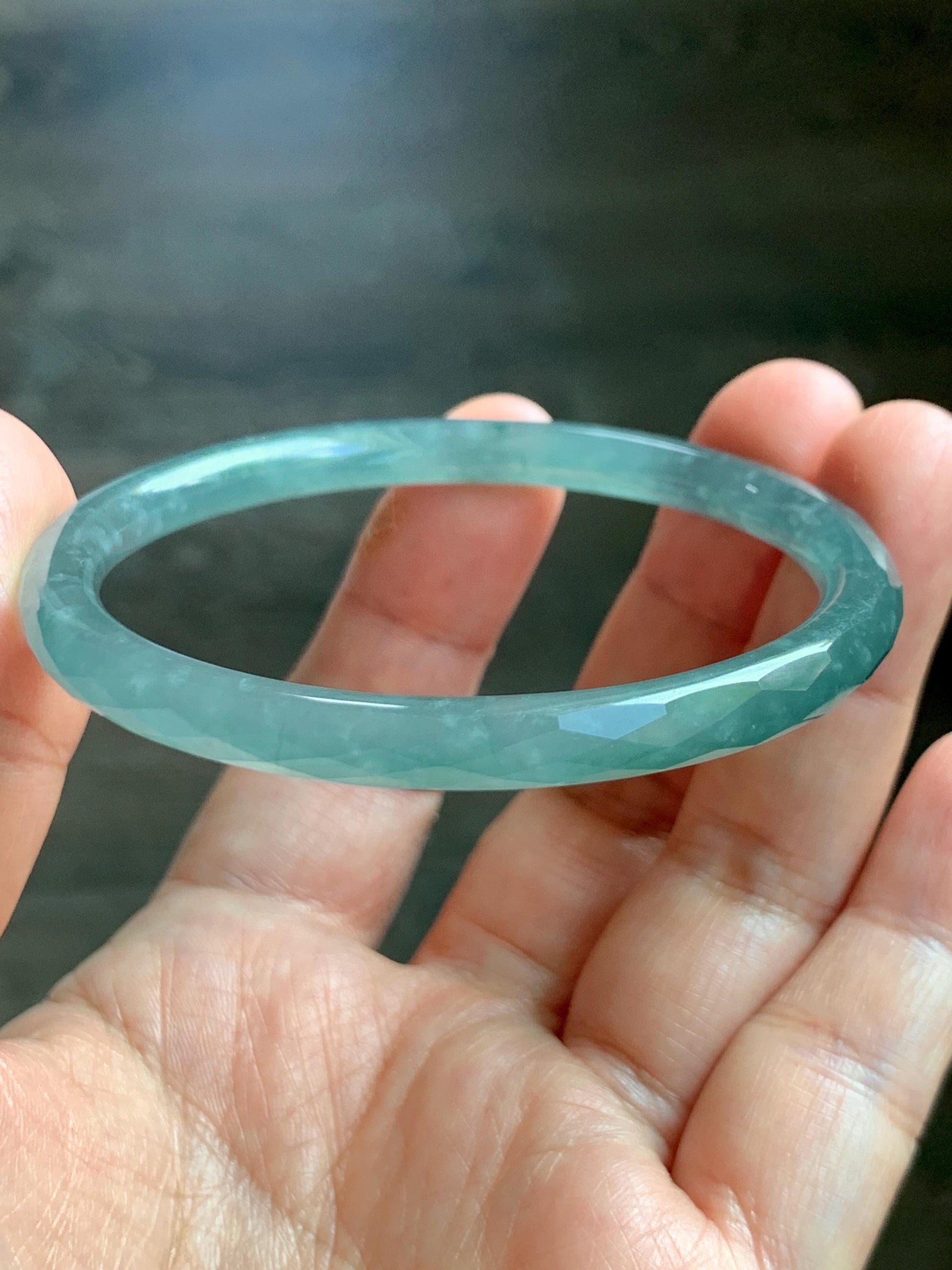 Certified Natural Grade A Guatemalan Icy Translucent Light Teal Jade Jadeite Diamond Faceted Bangle 55mm 6.8” 18g 天然冰危蓝绿翡翠细圆条切割面手镯 186