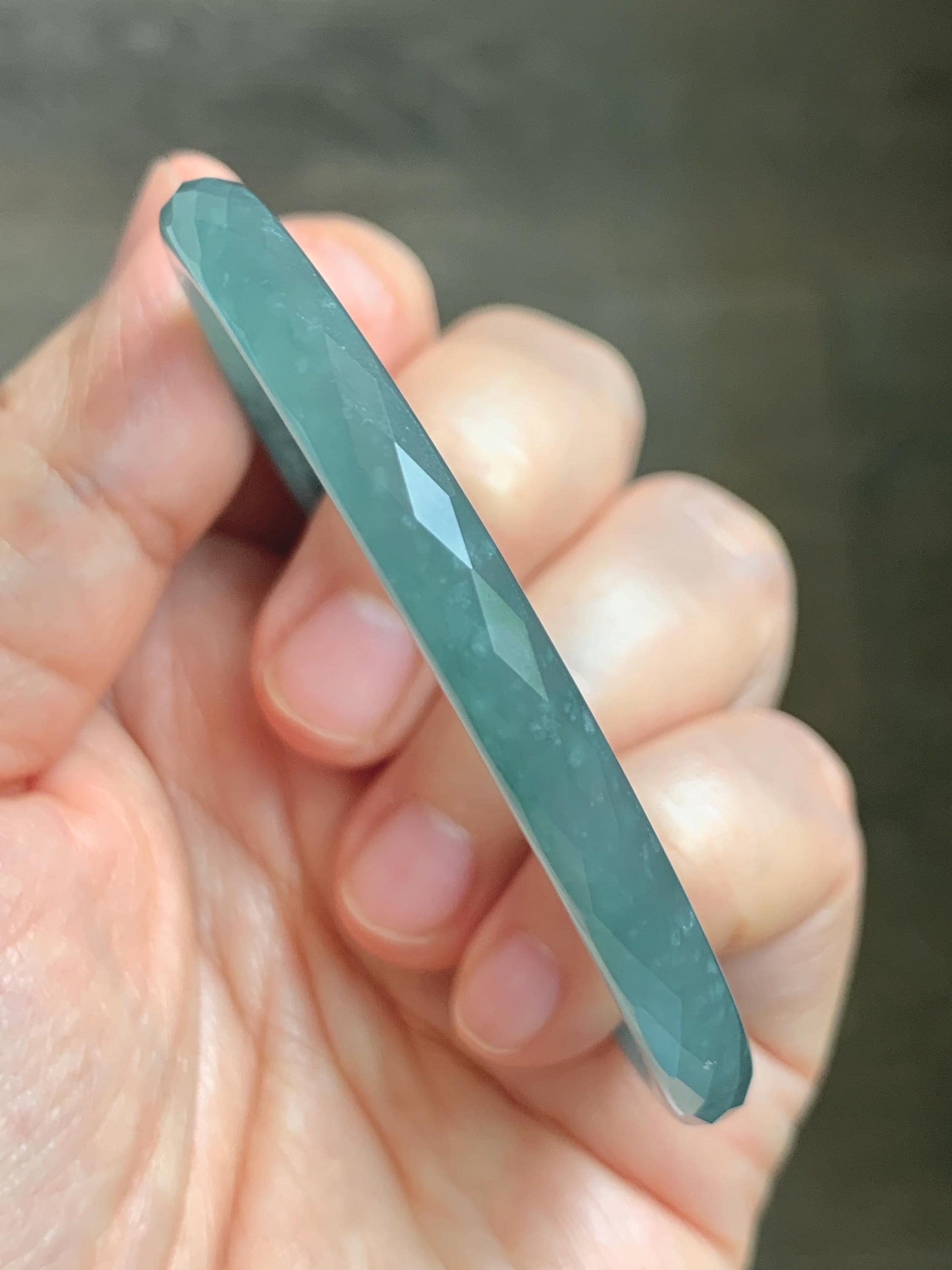 Certified Natural Grade A Guatemalan Icy Translucent Light Teal Jade Jadeite Diamond Faceted Bangle 55mm 6.8” 18g 天然冰危蓝绿翡翠细圆条切割面手镯 186