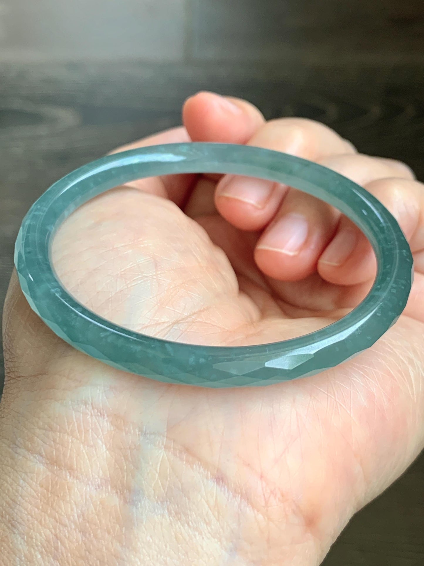 Certified Natural Grade A Guatemalan Icy Translucent Light Teal Jade Jadeite Diamond Faceted Bangle 55mm 6.8” 18g 天然冰危蓝绿翡翠细圆条切割面手镯 186