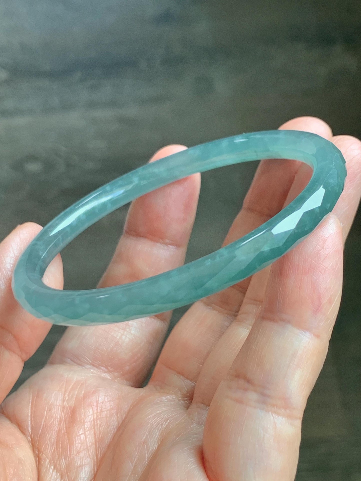Certified Natural Grade A Guatemalan Icy Translucent Light Teal Jade Jadeite Diamond Faceted Bangle 55mm 6.8” 18g 天然冰危蓝绿翡翠细圆条切割面手镯 186