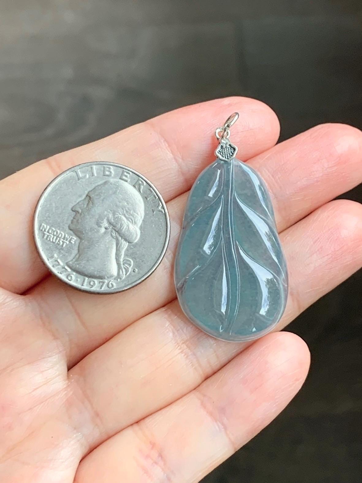 Natural Grade A Guatemalan Icy Translucent Dusty Teal Blue Jade Jadeite Carved Leaf Pendant Sterling Silver 天然冰胶危蓝翡翠大叶有成银镶吊坠 WLB280A