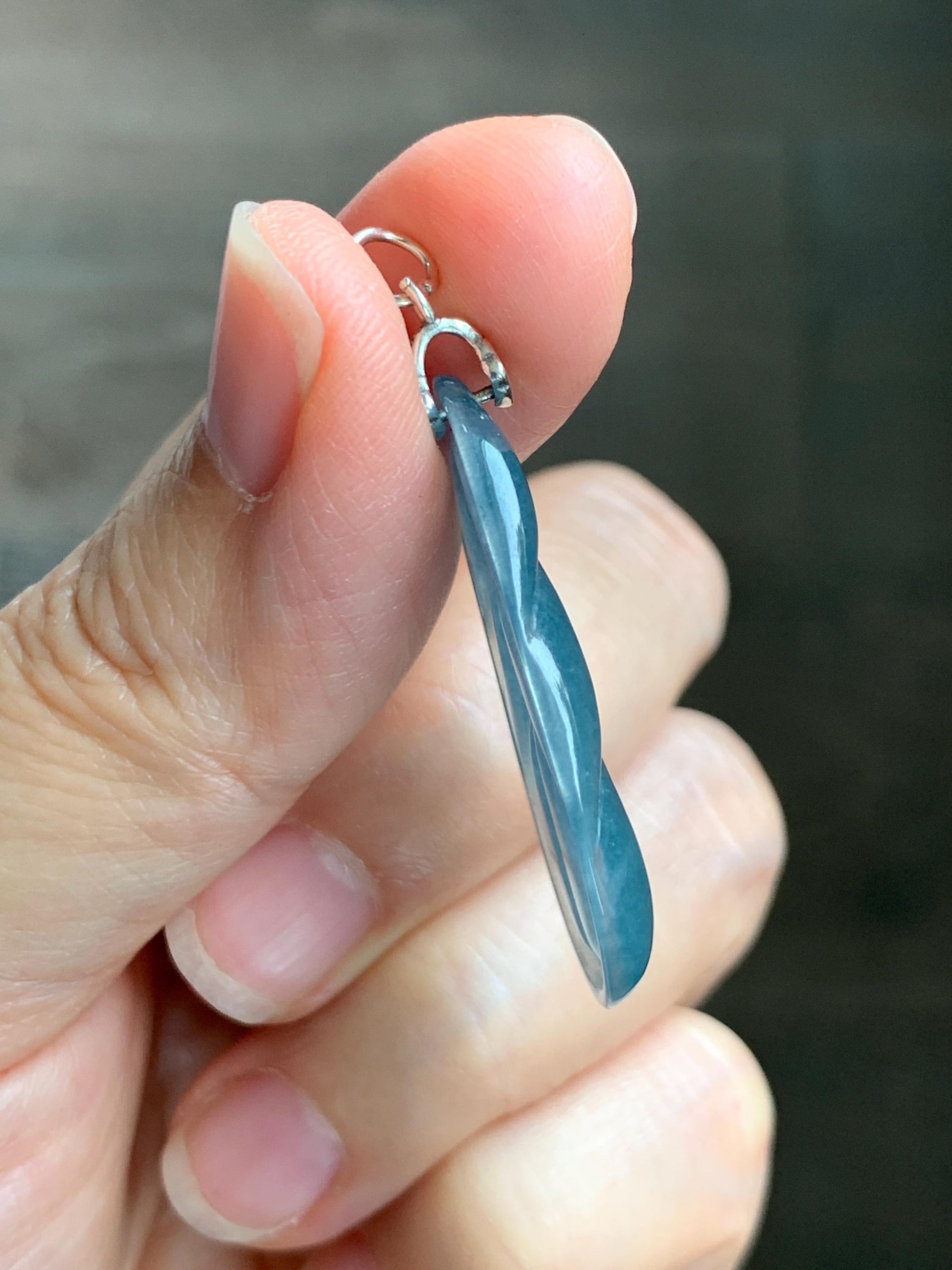 Natural Grade A Guatemalan Icy Translucent Dusty Teal Blue Jade Jadeite Carved Leaf Pendant Sterling Silver 天然冰胶危蓝翡翠大叶有成银镶吊坠 WLB280A