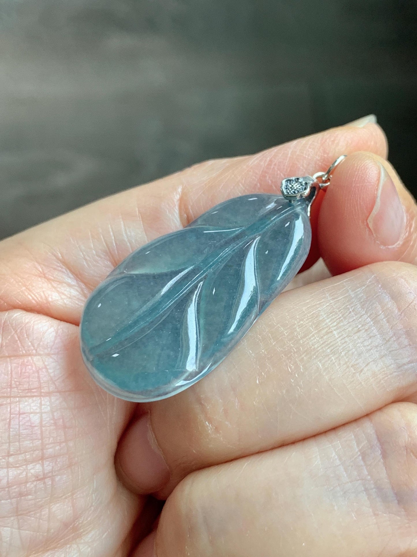 Natural Grade A Guatemalan Icy Translucent Dusty Teal Blue Jade Jadeite Carved Leaf Pendant Sterling Silver 天然冰胶危蓝翡翠大叶有成银镶吊坠 WLB280A