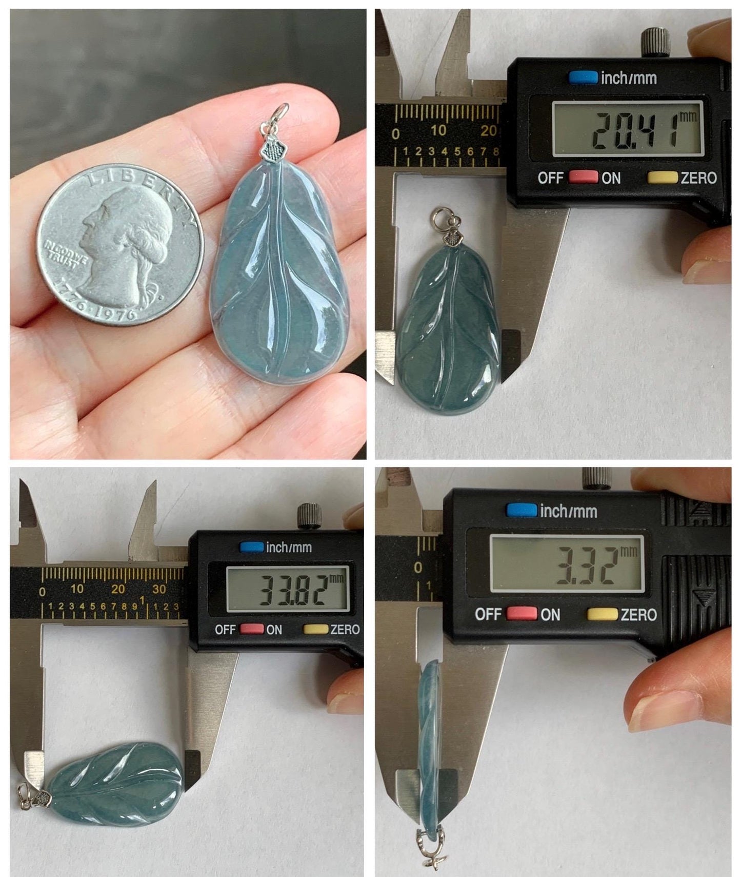 Natural Grade A Guatemalan Icy Translucent Dusty Teal Blue Jade Jadeite Carved Leaf Pendant Sterling Silver 天然冰胶危蓝翡翠大叶有成银镶吊坠 WLB280A
