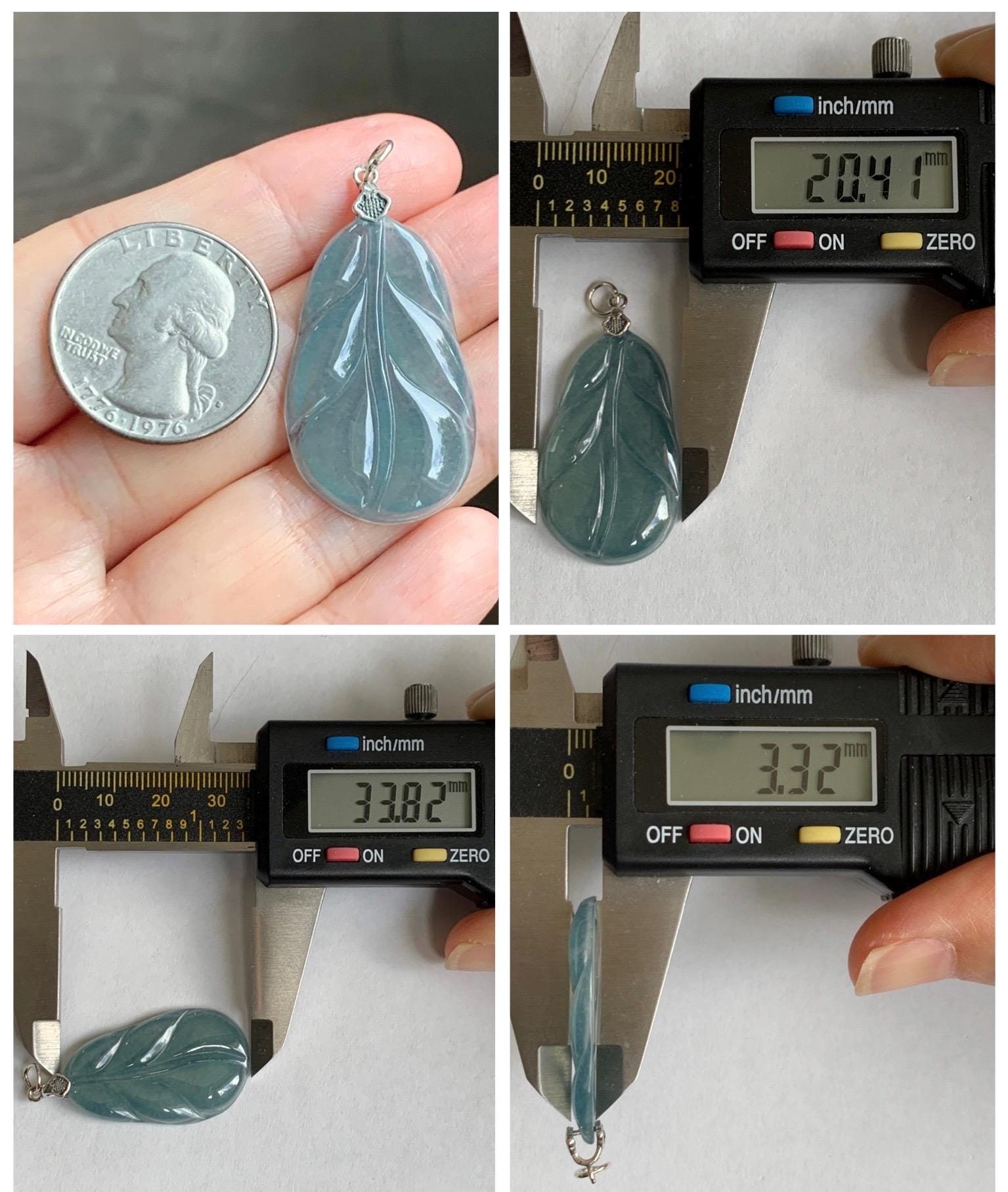 Natural Grade A Guatemalan Icy Translucent Dusty Teal Blue Jade Jadeite Carved Leaf Pendant Sterling Silver 天然冰胶危蓝翡翠大叶有成银镶吊坠 WLB280A