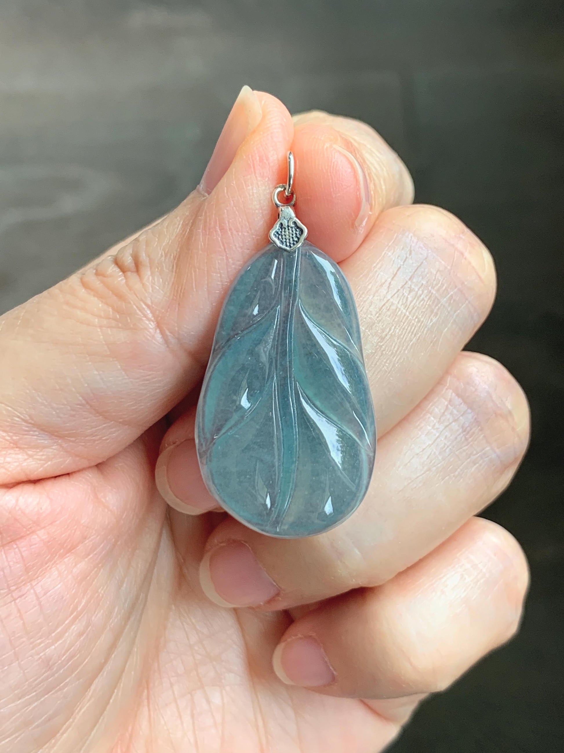 Natural Grade A Guatemalan Icy Translucent Dusty Teal Blue Jade Jadeite Carved Leaf Pendant Sterling Silver 天然冰胶危蓝翡翠大叶有成银镶吊坠 WLB280A