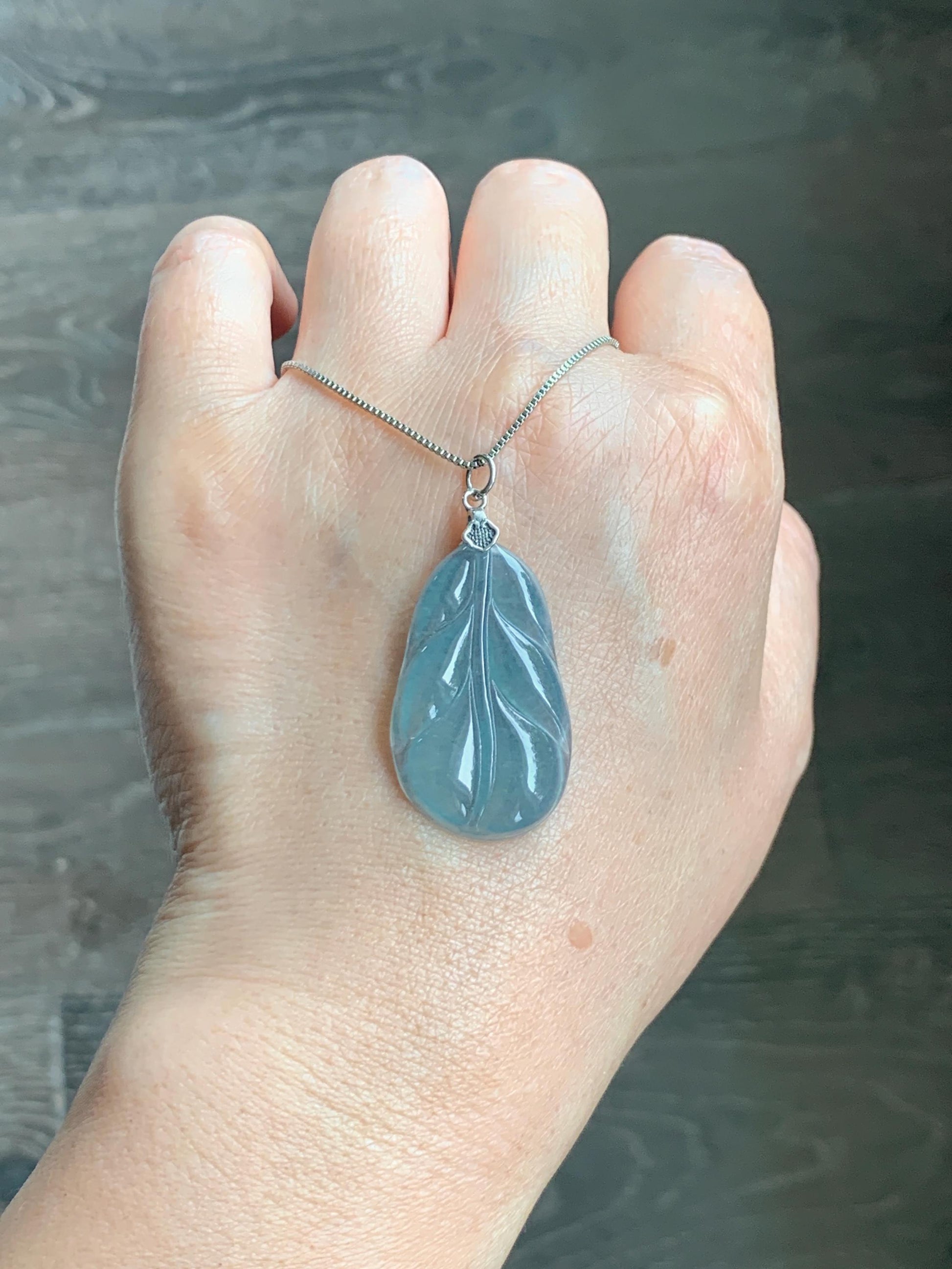 Natural Grade A Guatemalan Icy Translucent Dusty Teal Blue Jade Jadeite Carved Leaf Pendant Sterling Silver 天然冰胶危蓝翡翠大叶有成银镶吊坠 WLB280A