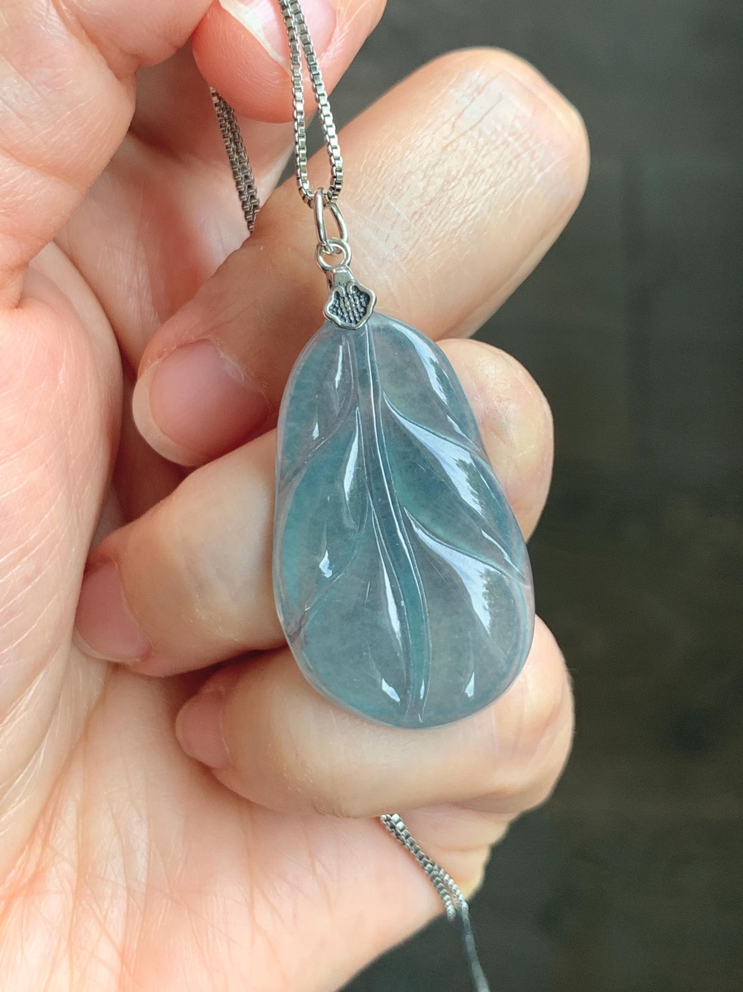Natural Grade A Guatemalan Icy Translucent Dusty Teal Blue Jade Jadeite Carved Leaf Pendant Sterling Silver 天然冰胶危蓝翡翠大叶有成银镶吊坠 WLB280A