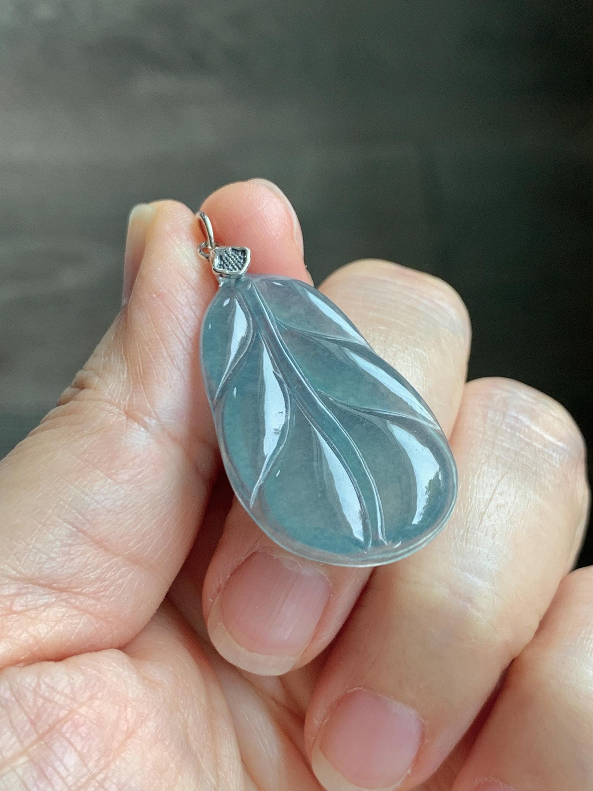 Natural Grade A Guatemalan Icy Translucent Dusty Teal Blue Jade Jadeite Carved Leaf Pendant Sterling Silver 天然冰胶危蓝翡翠大叶有成银镶吊坠 WLB280A