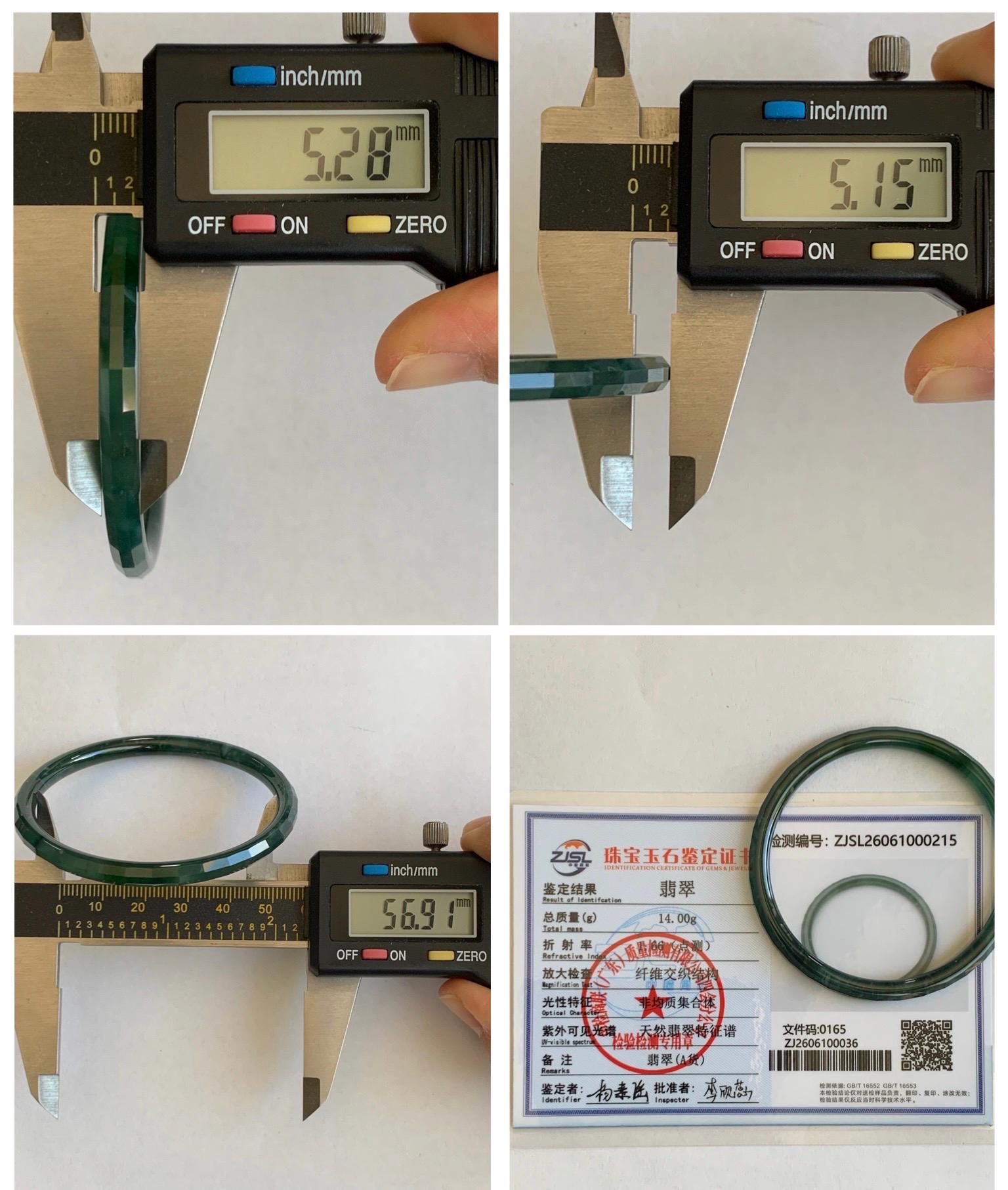 Certified Natural Grade A Guatemalan Icy Highly Translucent Deep Teal Green Faceted Jadeite Slim Bangle 56.9mm 7” 14g 天然冰胶危深蓝绿翡翠细圆条切割面手镯 215