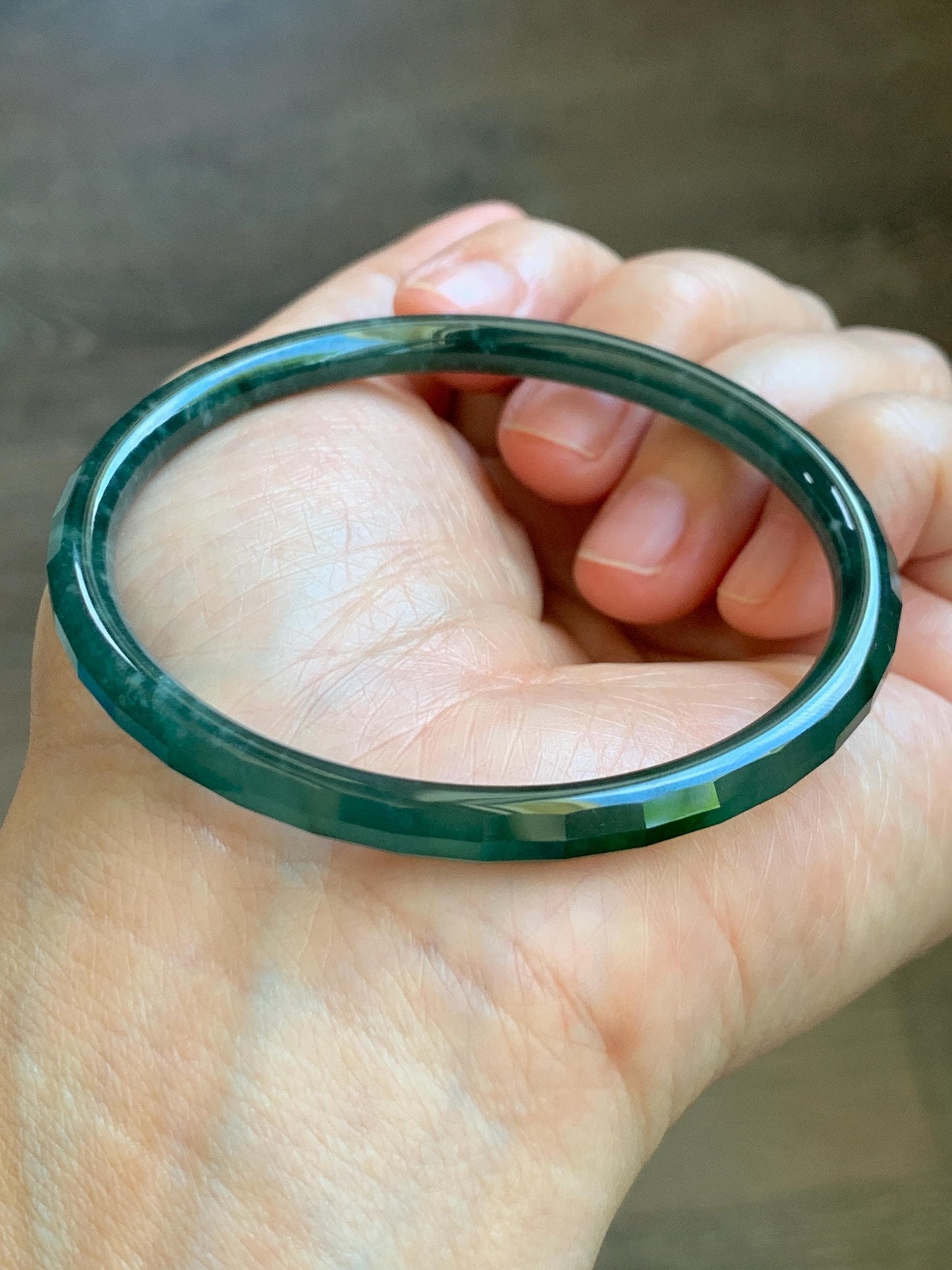 Certified Natural Grade A Guatemalan Icy Highly Translucent Deep Teal Green Faceted Jadeite Slim Bangle 56.9mm 7” 14g 天然冰胶危深蓝绿翡翠细圆条切割面手镯 215