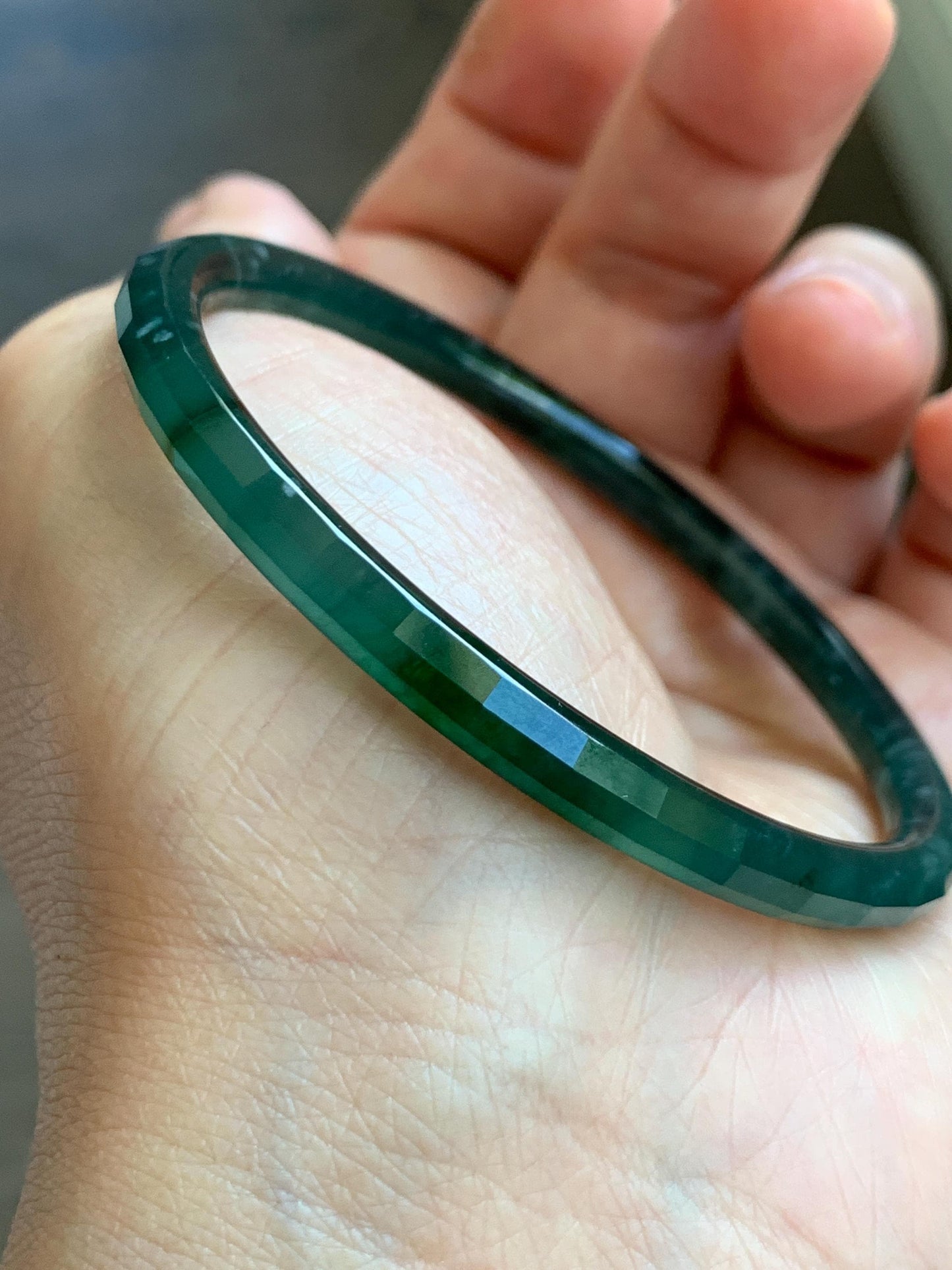 Certified Natural Grade A Guatemalan Icy Highly Translucent Deep Teal Green Faceted Jadeite Slim Bangle 56.9mm 7” 14g 天然冰胶危深蓝绿翡翠细圆条切割面手镯 215