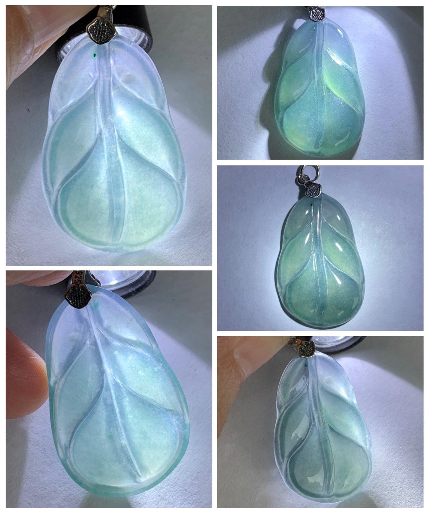 Natural Grade A Guatemalan Icy Translucent Dusty Teal Blue Jade Jadeite Carved Leaf Pendant Sterling Silver 天然冰胶危蓝翡翠大叶有成银镶吊坠 WLB280B