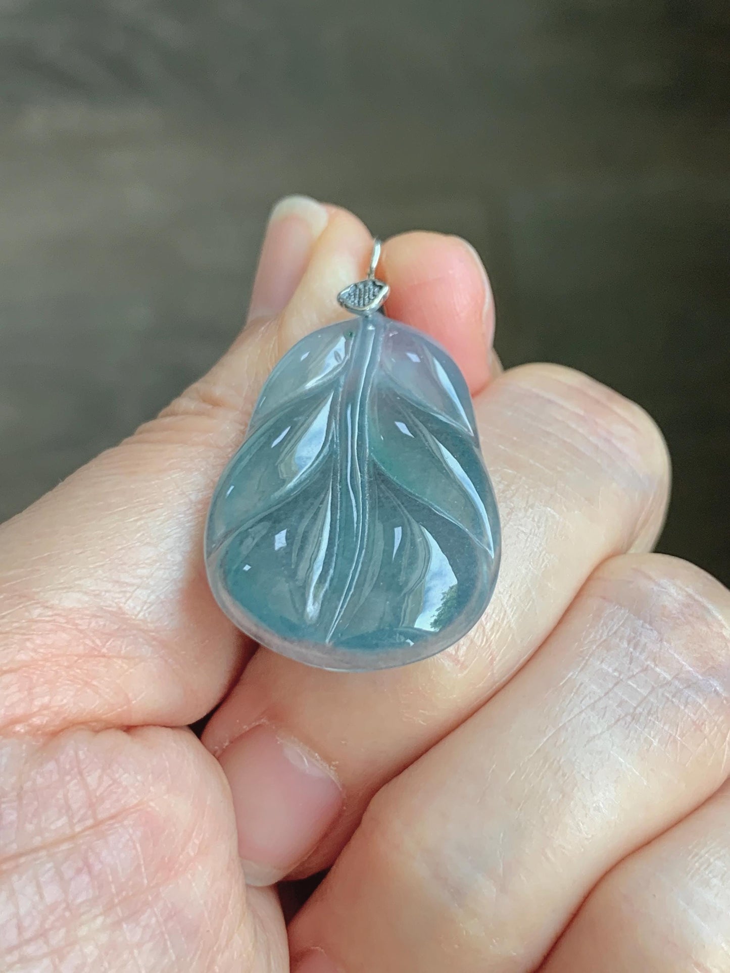 Natural Grade A Guatemalan Icy Translucent Dusty Teal Blue Jade Jadeite Carved Leaf Pendant Sterling Silver 天然冰胶危蓝翡翠大叶有成银镶吊坠 WLB280B