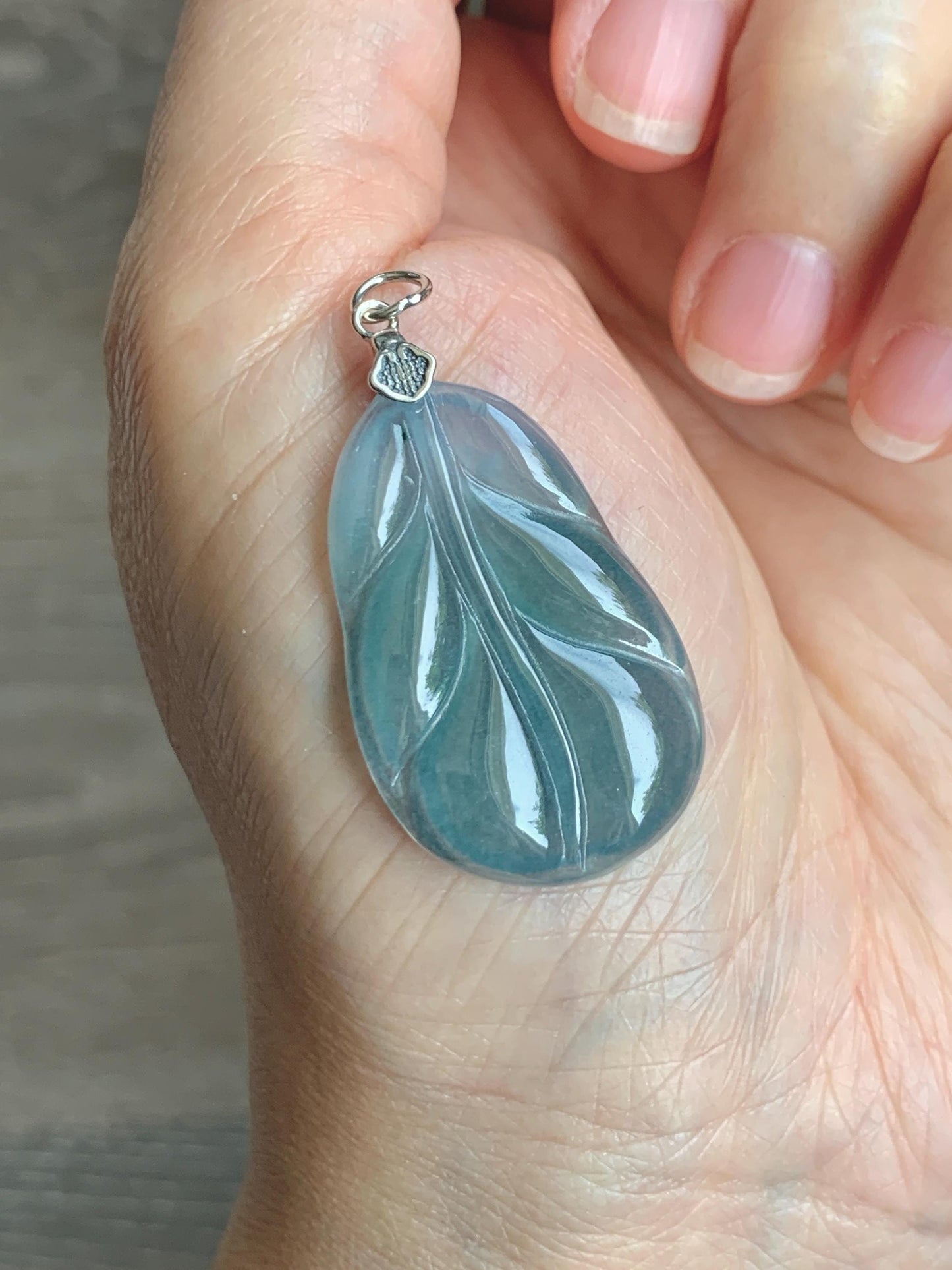 Natural Grade A Guatemalan Icy Translucent Dusty Teal Blue Jade Jadeite Carved Leaf Pendant Sterling Silver 天然冰胶危蓝翡翠大叶有成银镶吊坠 WLB280B
