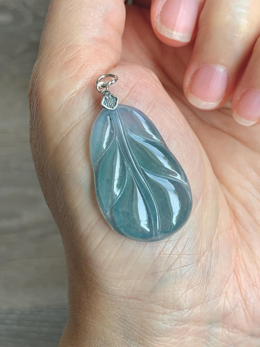 Natural Grade A Guatemalan Icy Translucent Dusty Teal Blue Jade Jadeite Carved Leaf Pendant Sterling Silver 天然冰胶危蓝翡翠大叶有成银镶吊坠 WLB280B