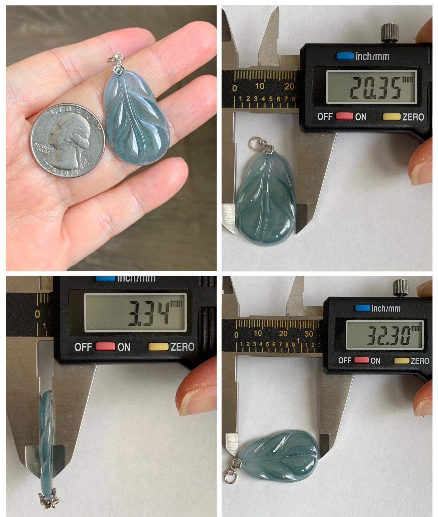Natural Grade A Guatemalan Icy Translucent Dusty Teal Blue Jade Jadeite Carved Leaf Pendant Sterling Silver 天然冰胶危蓝翡翠大叶有成银镶吊坠 WLB280B