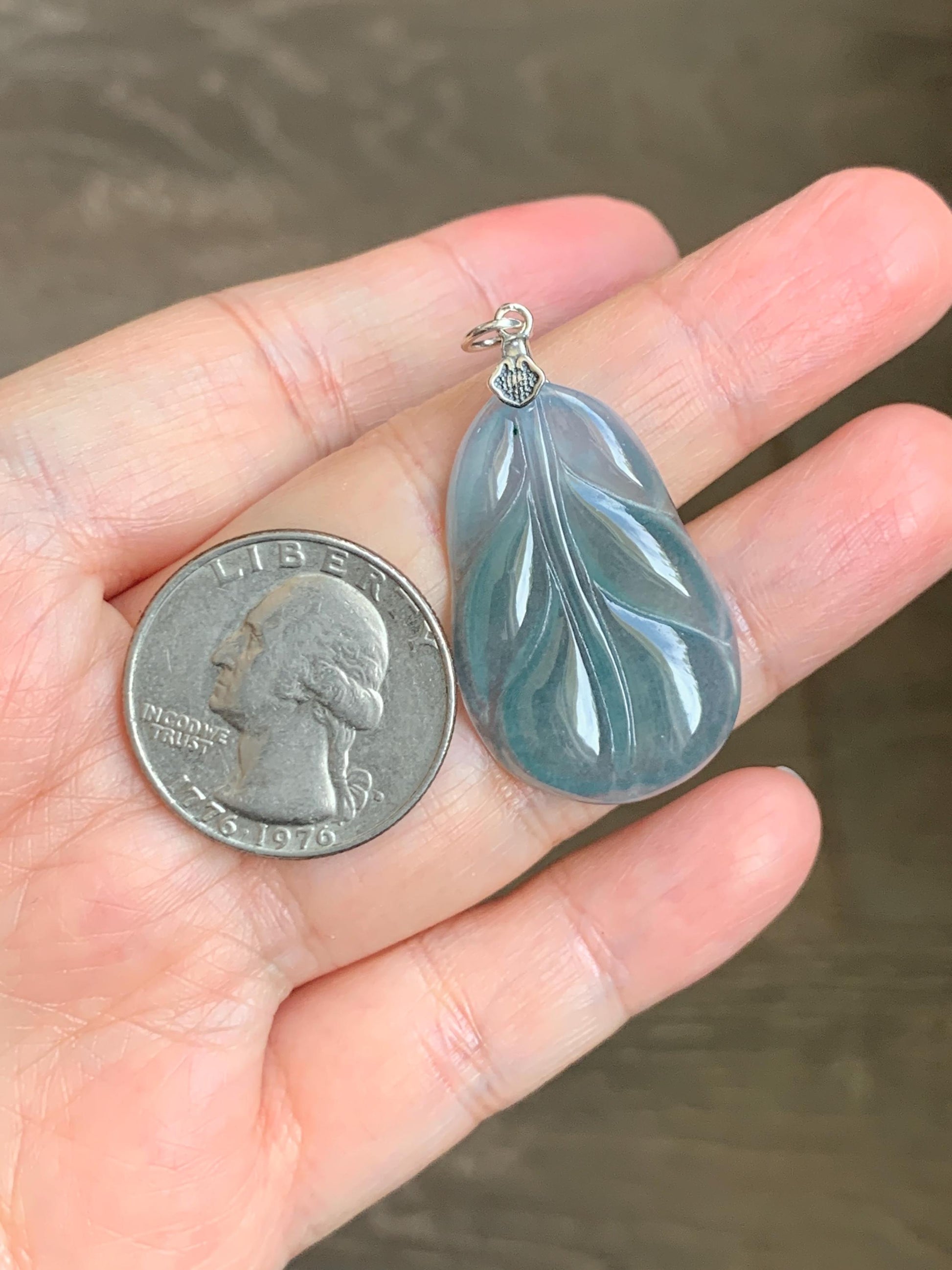Natural Grade A Guatemalan Icy Translucent Dusty Teal Blue Jade Jadeite Carved Leaf Pendant Sterling Silver 天然冰胶危蓝翡翠大叶有成银镶吊坠 WLB280B
