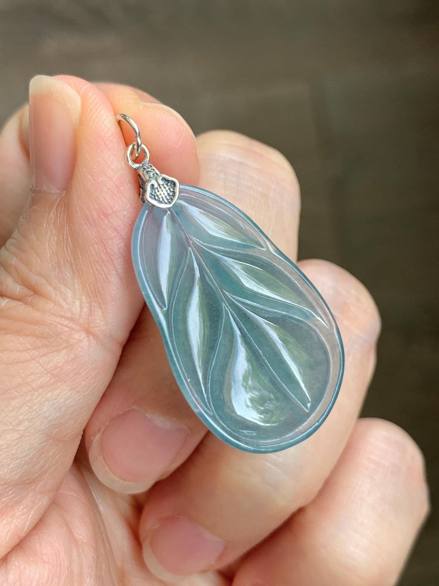Natural Grade A Guatemalan Icy Translucent Dusty Teal Blue Jade Jadeite Carved Leaf Pendant Sterling Silver 天然冰胶危蓝翡翠大叶有成银镶吊坠 WLB280B